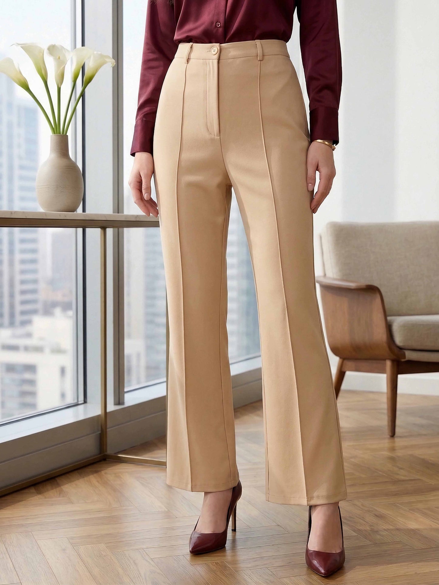 BIZwear Solid Beige High-Rise Waist Straight-Leg Front-Pleat Knitted Regular Trousers