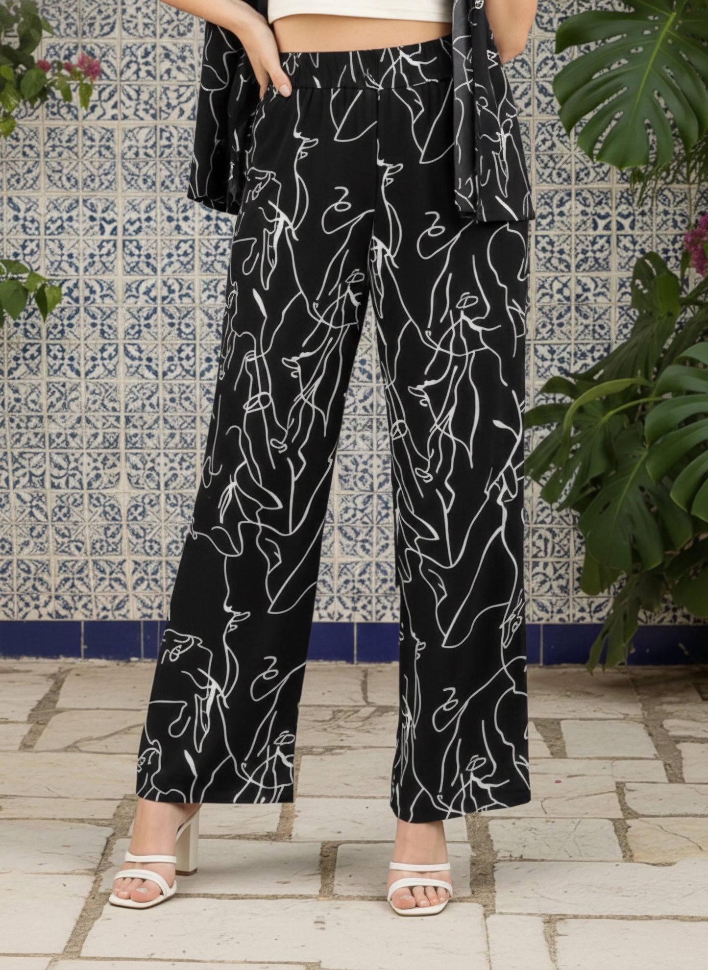 Berrylush Women Black & White Geometrical Printed Spread Collar Neck Straight Hem Regular Shirt & Wide-Leg Maxi Trousers Co-Ord Set