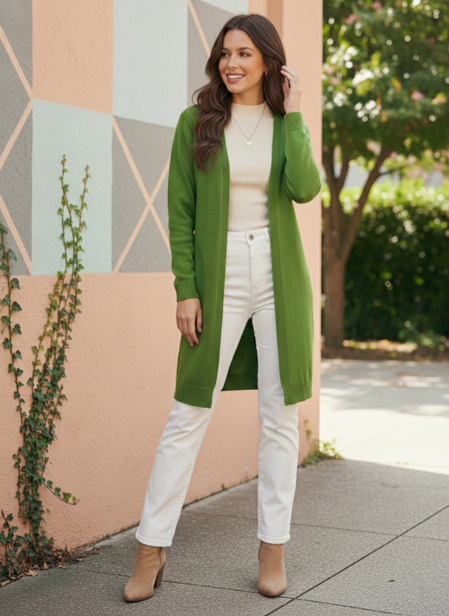 Berrylush Women Solid Green Open-Front Neck Drop-Shoulder Sleeves Ribbed Hem Longline Cardigan