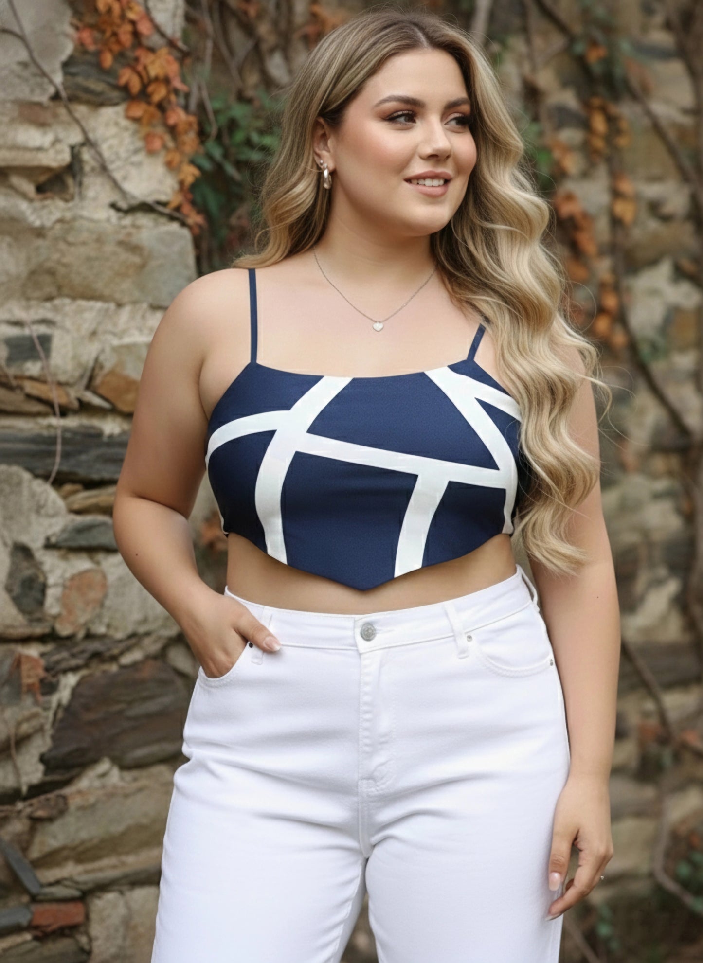 Plus Size Navy Blue & White Geometric Printed Square Neck Sleeveless Crepe Cropped Top