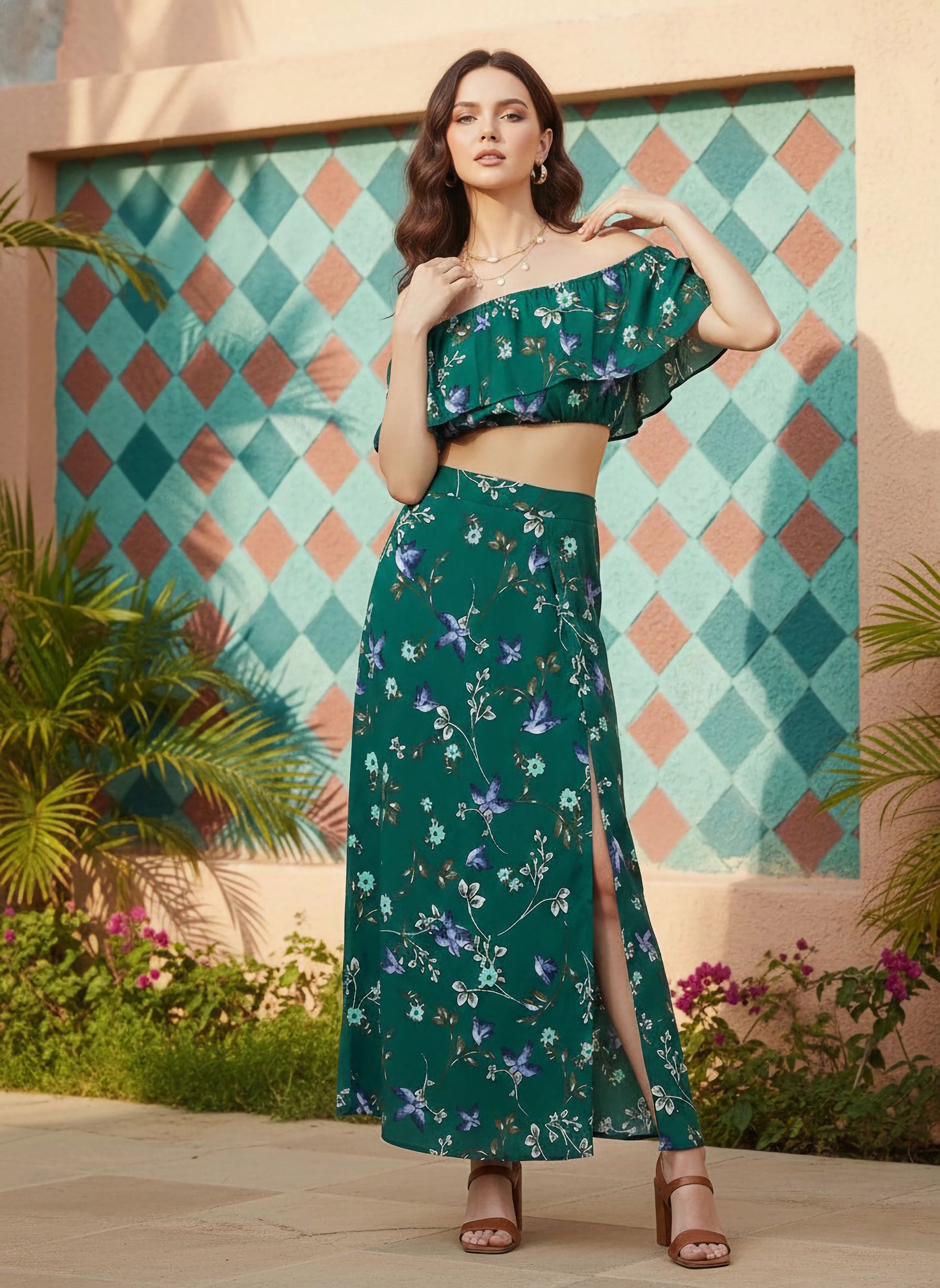 chinese dress ladies Berrylush Women Green Floral Print Two-Piece Maxi Dress