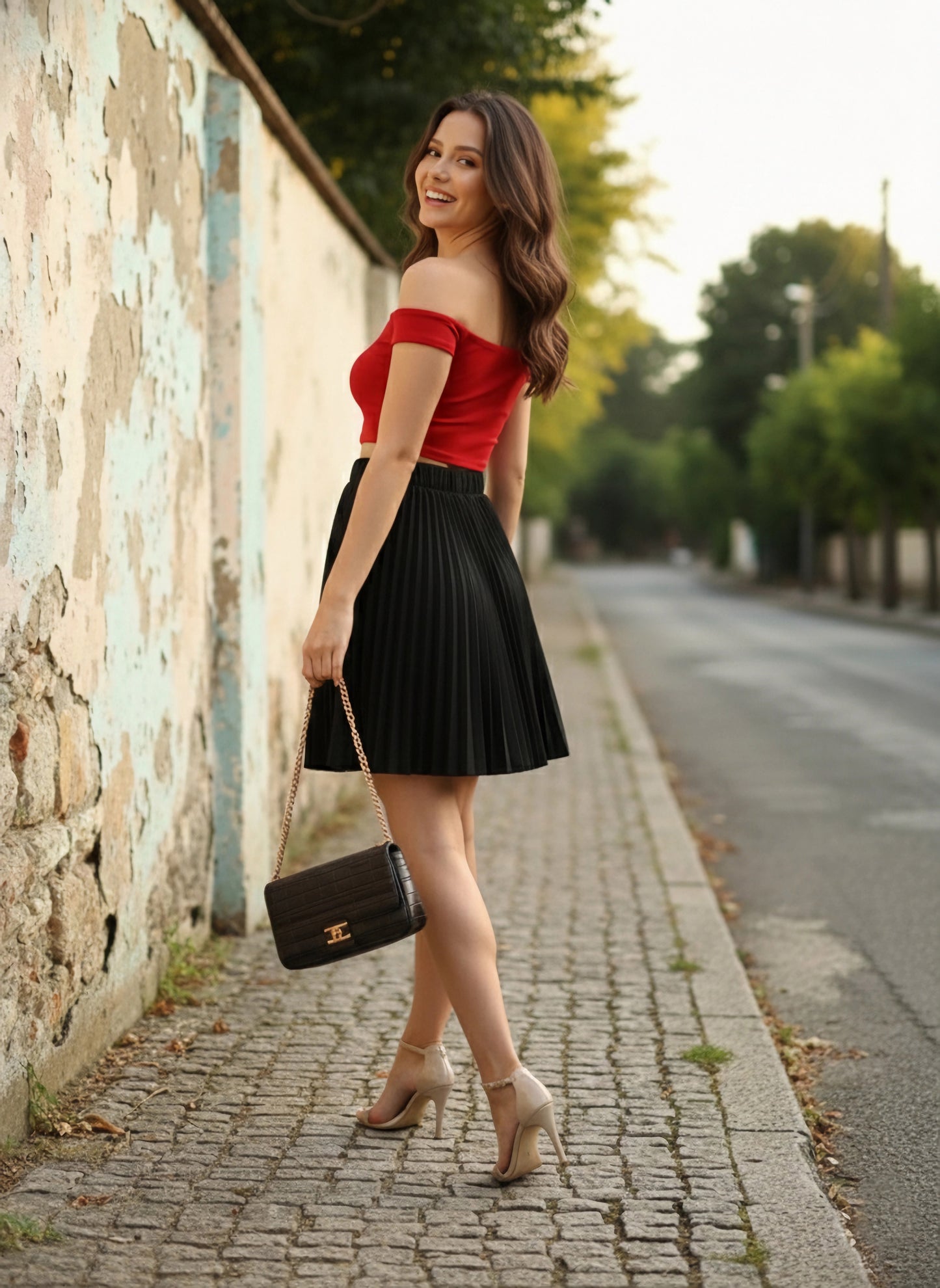 Berrylush Women Solid Black Elastic Waist Accordion Pleat Slip-On Flared Mini Skirt