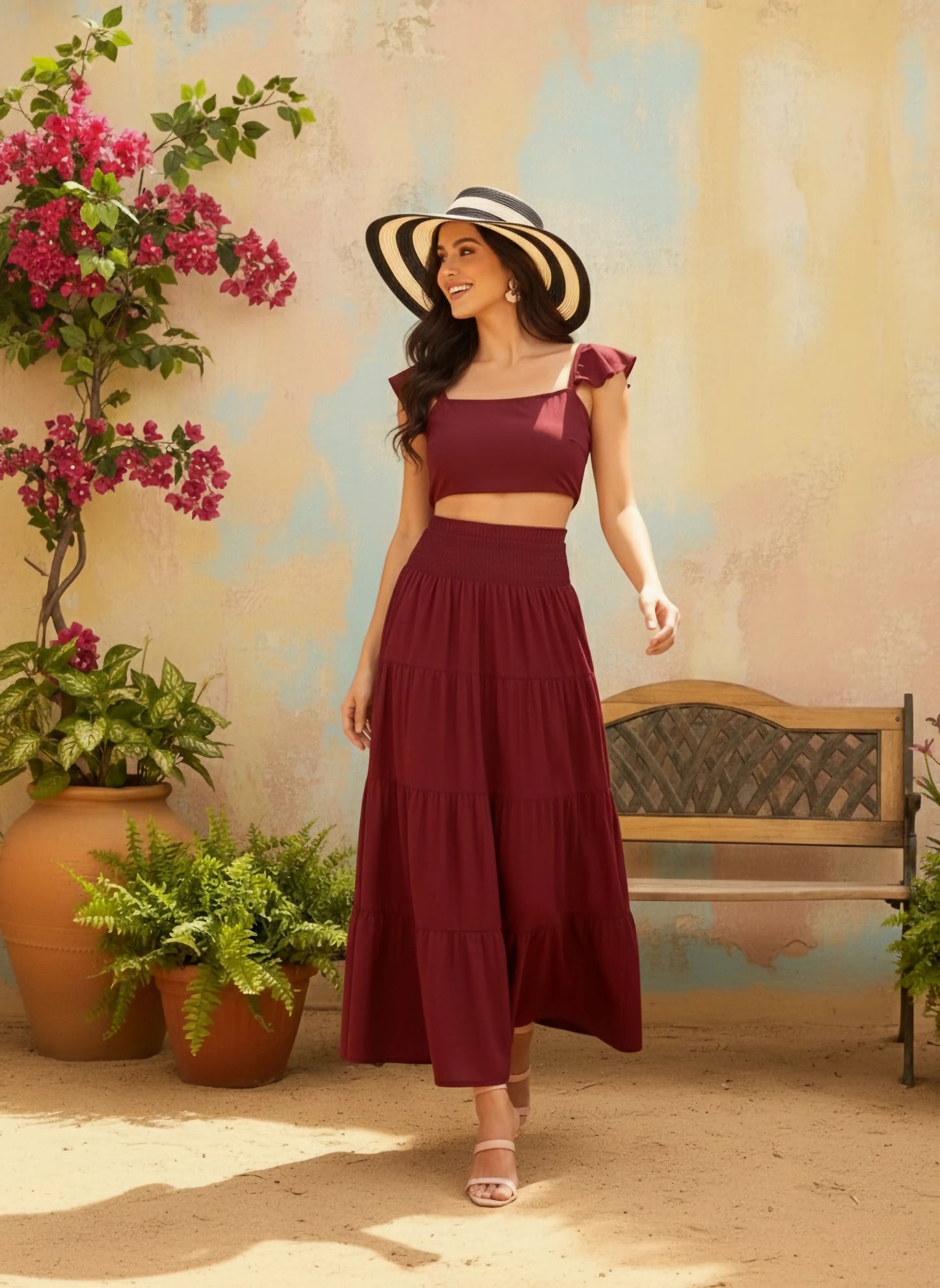 Berrylush Women Solid Maroon Square Neckline Cap Sleeves Cropped Top & Smocked Maxi Skirt Co-Ord Set