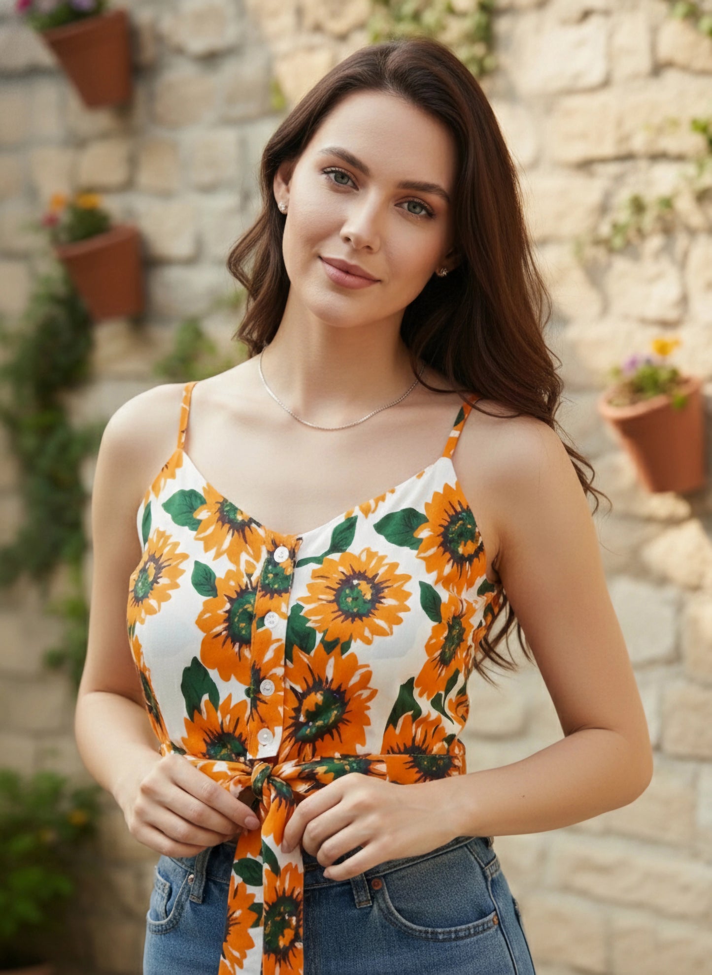 Berrylush Women Yellow & White Sunflower Printed Tie-Up Crop Top