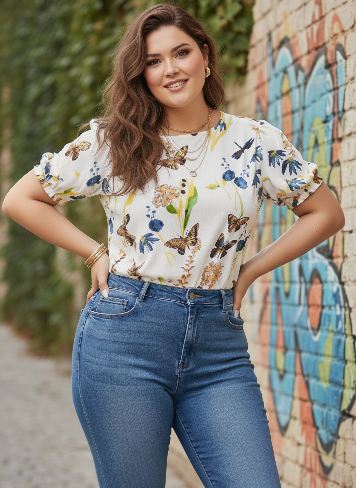 Berrylush Curve Women White & Multicolour Nature Printed Round Neck Cutout Tie-Up Back Regular Top