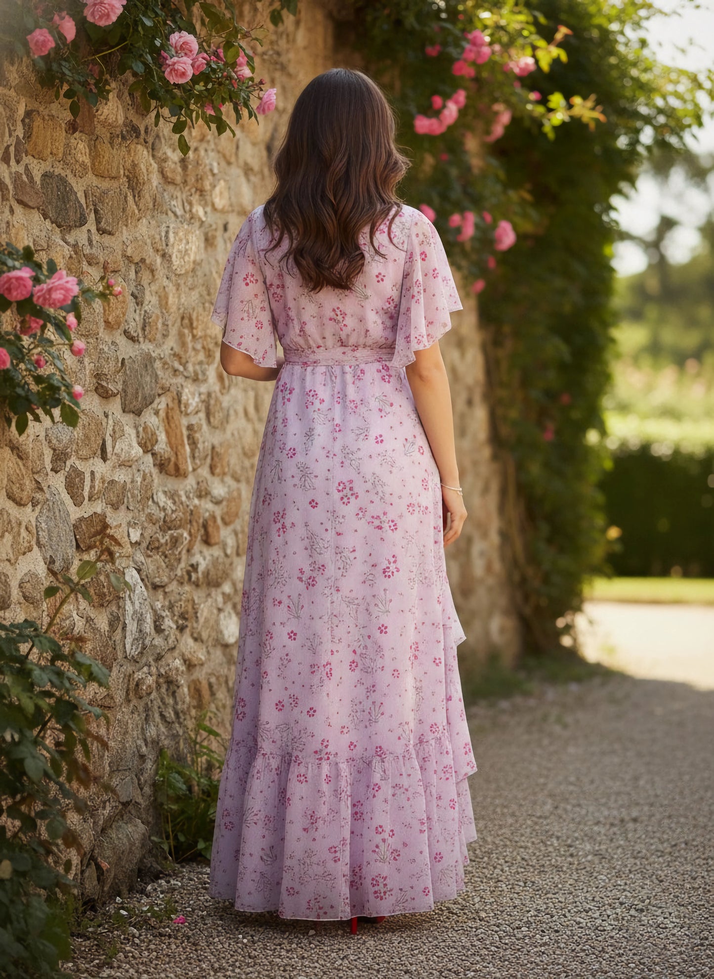 Berrylush Women Purple & Pink Floral Printed V-Neck Waist Tie-Up Crepe High-Low Hem Pleated Maxi Dress