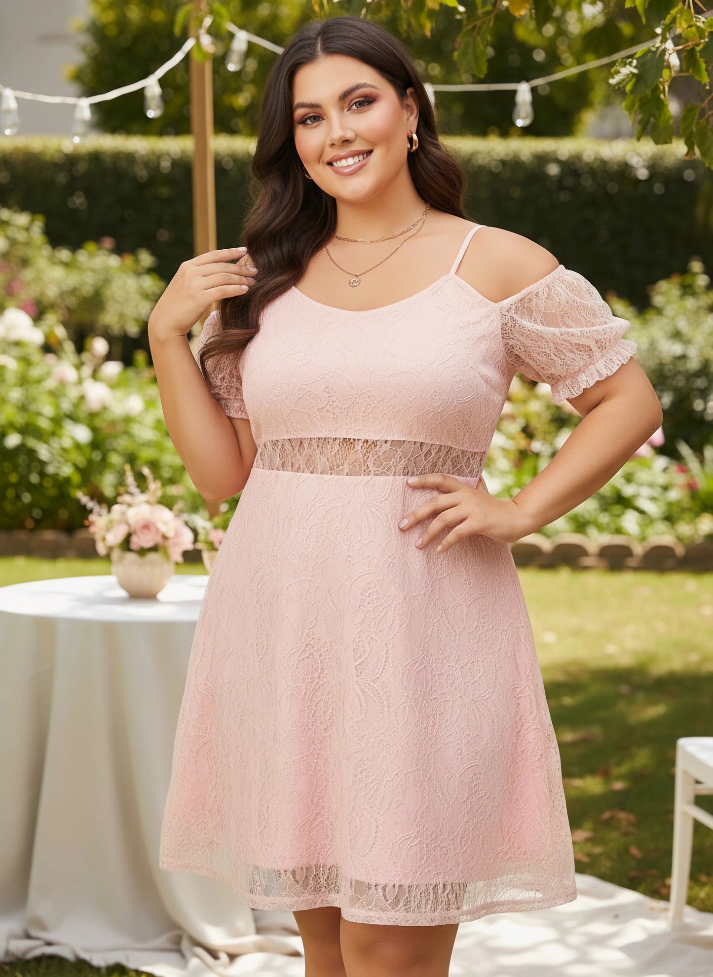 Curve Solid Pink Round Neck Cold-Shoulder Sleeves Lace Knitted Fit & Flare Mini Dress
