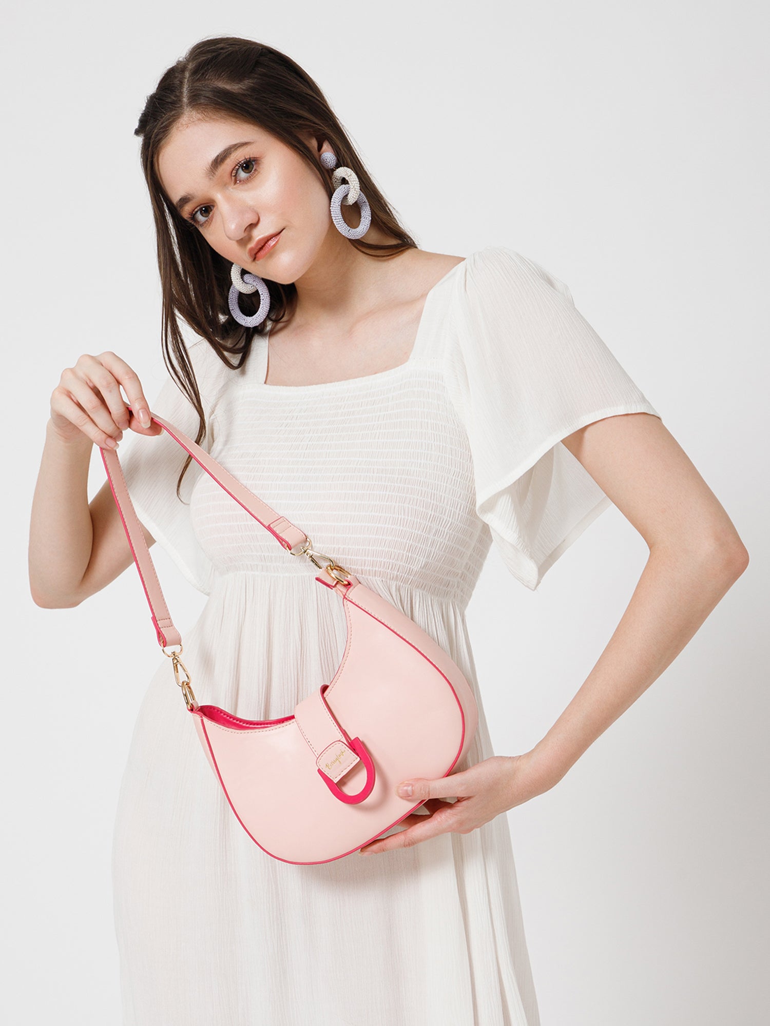 Berrylush Women Solid Pink Synthetic Leather Detachable Sling Strap Embellished Handheld Bag