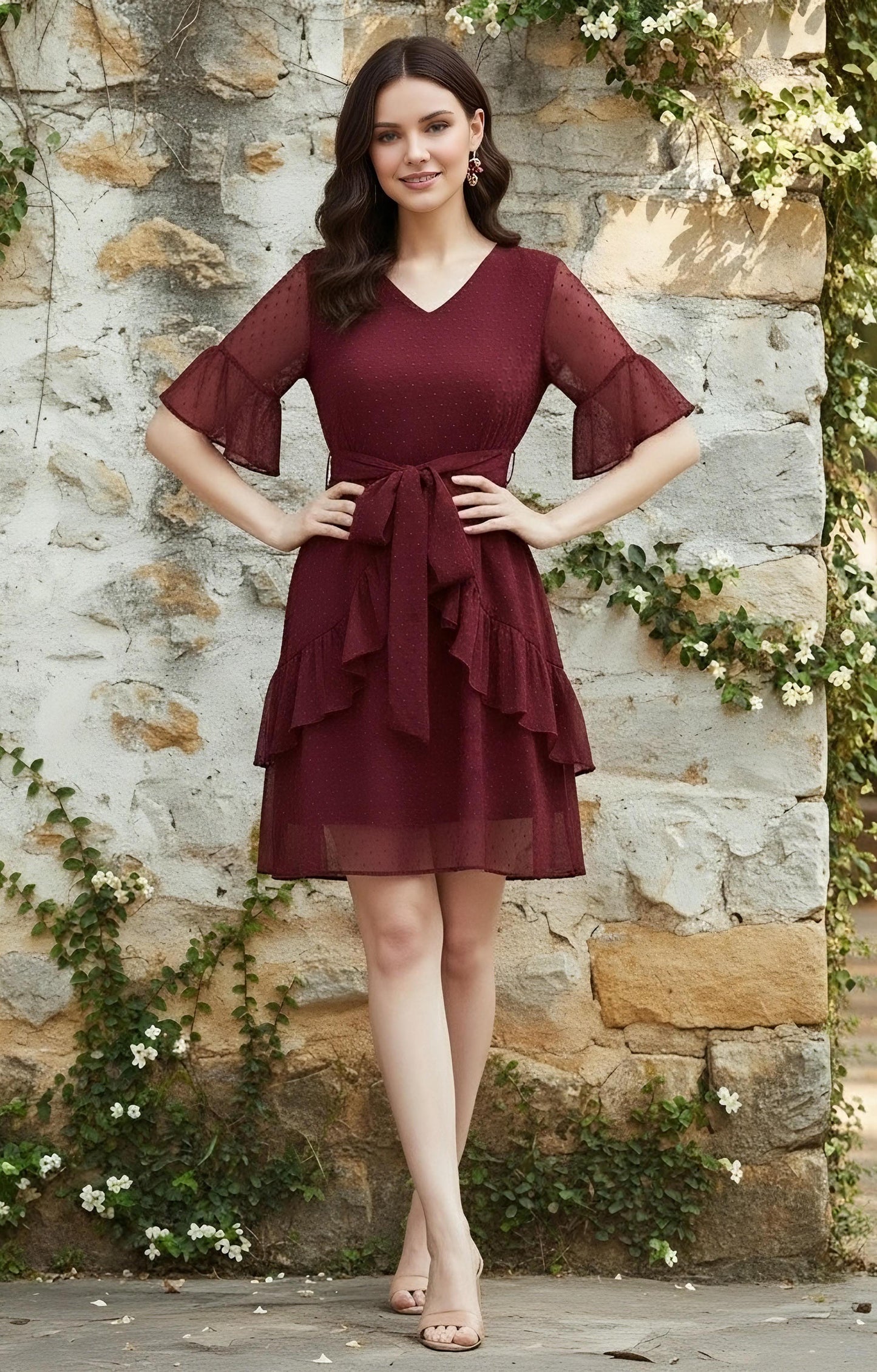 Berrylush Women Solid Maroon Self-Design Patterned V-Neck Layered Fit & Flare Mini Dress
