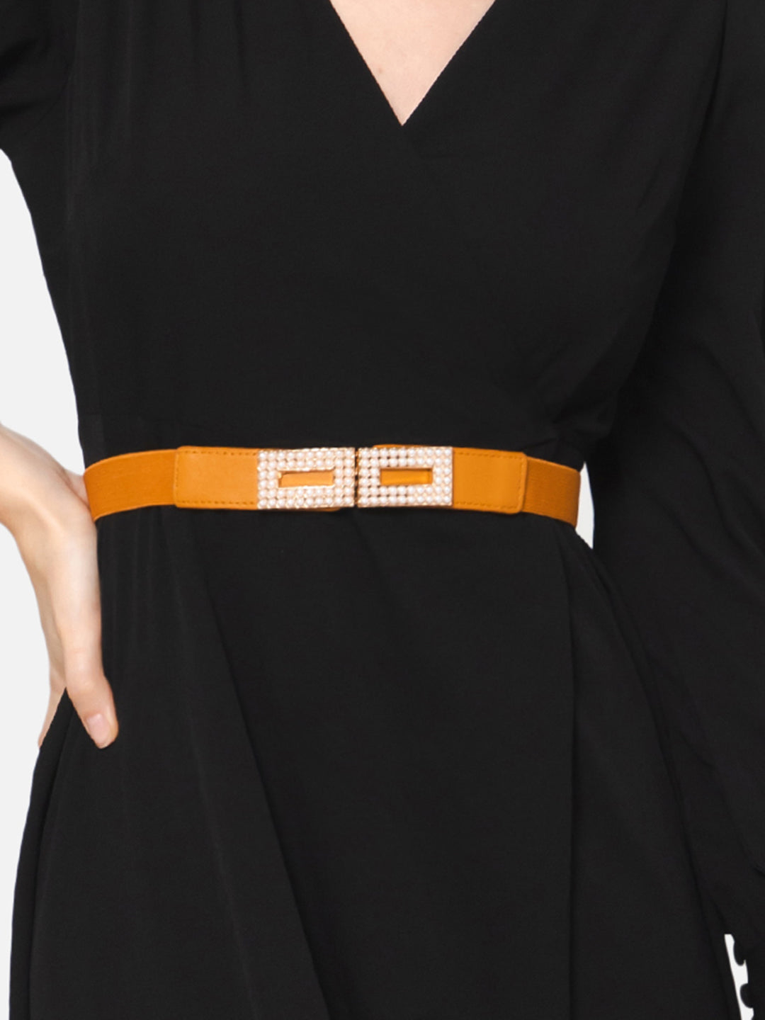 Berrylush Women Solid Brown Pearl Embellished PU Nylon Interlock Regular Slim Belt