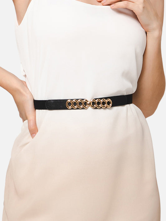 Berrylush Women Solid Black Golden Embellished PU Nylon Interlock Regular Slim Belt