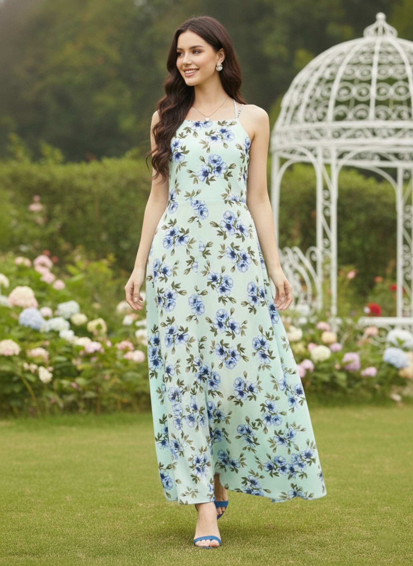 Berrylush Women Green Floral Print Tie-up Maxi Dress