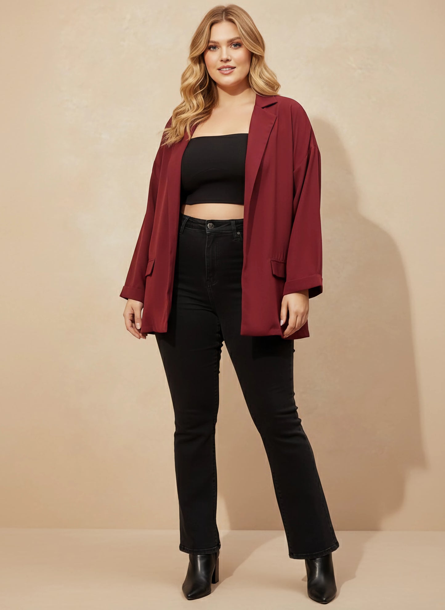 Berrylush Women Plus Size Solid Maroon Notched Lapel Neck Long Sleeve Open Front Longline Blazer