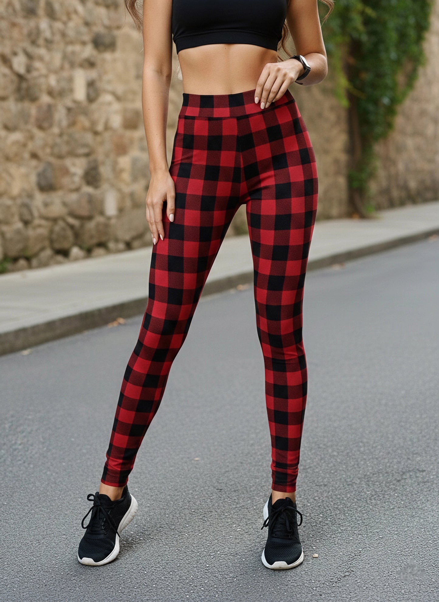 Berrylush Women Red & Black Check Printed Super Stretchy & High Waisted Sports Tights