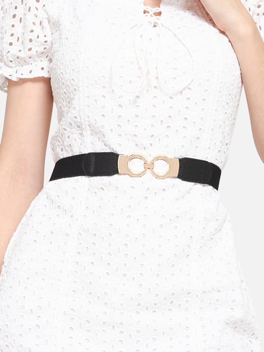 Berrylush Women Solid Black Golden Embellished PU Nylon Interlock Regular Slim Belt