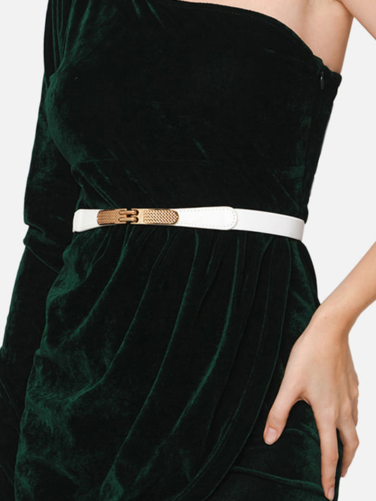 Berrylush Women Solid Black Golden Embellished PU Nylon Interlock Regular Slim Belt