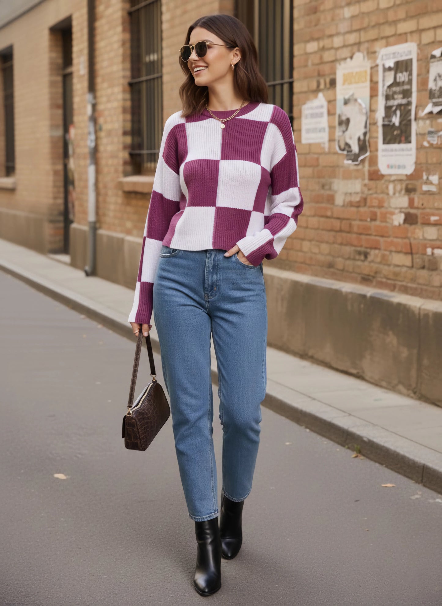 Berrylush Women Pink & White Checkered Pattern Round Neck Drop-Shoulder Sleeves Acrylic Straight Hem Knitted Regular Pullover