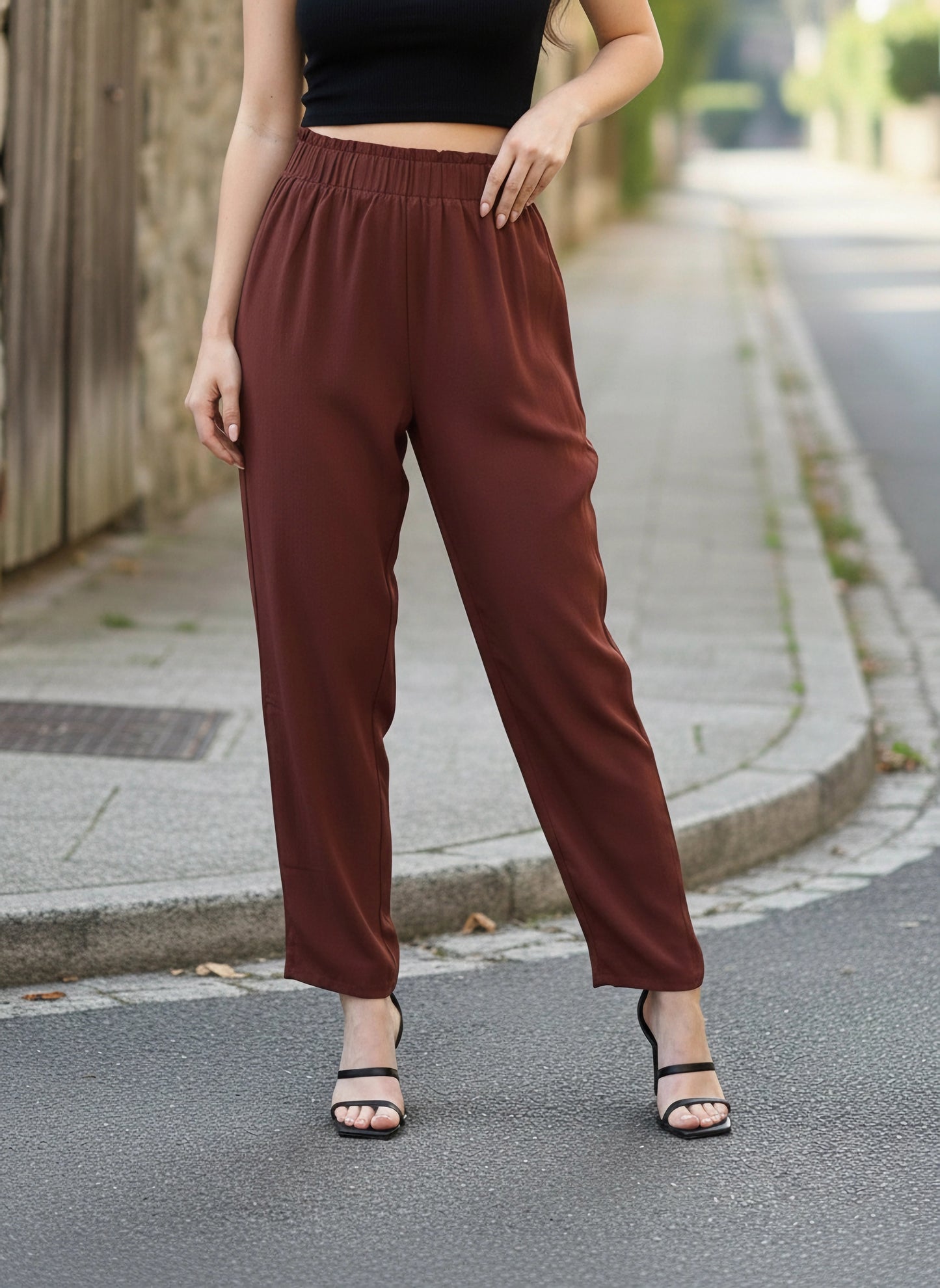 Berrylush Women Solid Maroon Elastic Waist High-Rise Wide Leg Flared Trousers