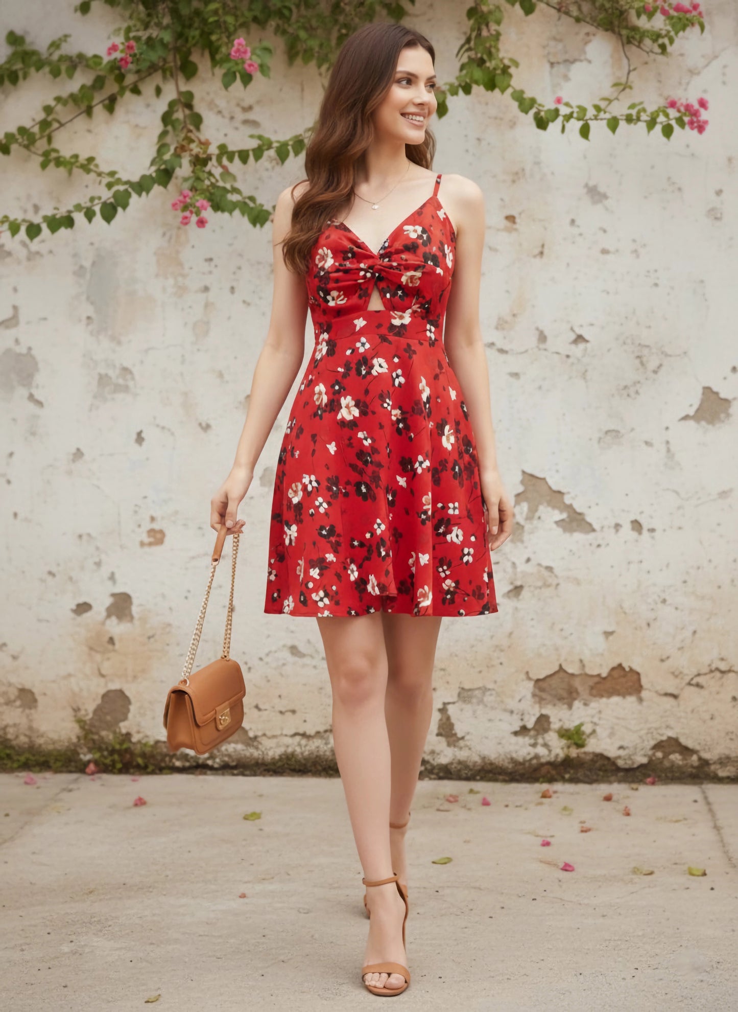 Berrylush Women Red Floral Printed V-Neck Front Twist Knot Fit & Flare Mini Dress