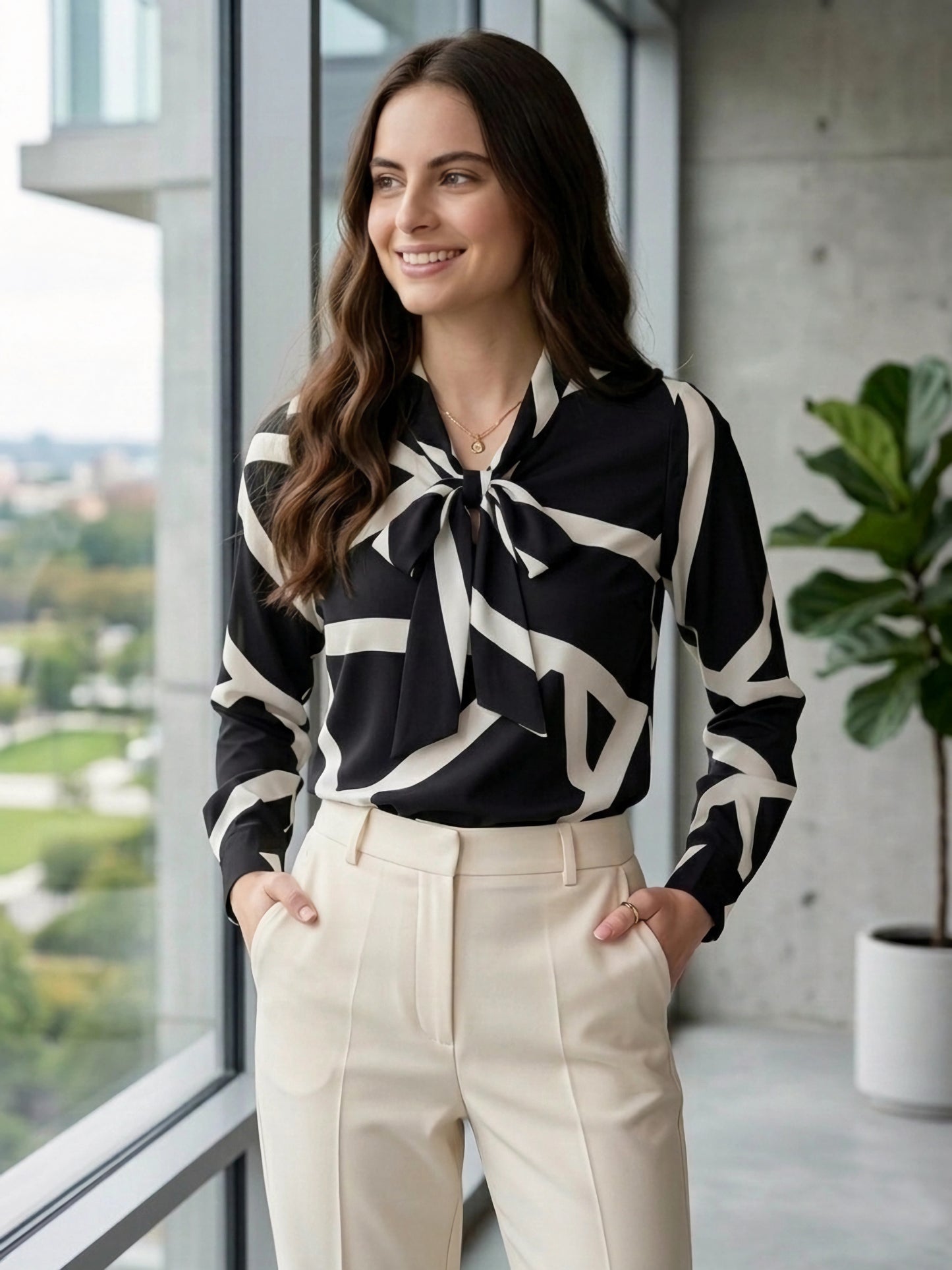 BIZwear Black & White Geometric Printed Tie-Up Neck Long Sleeves Regular Top