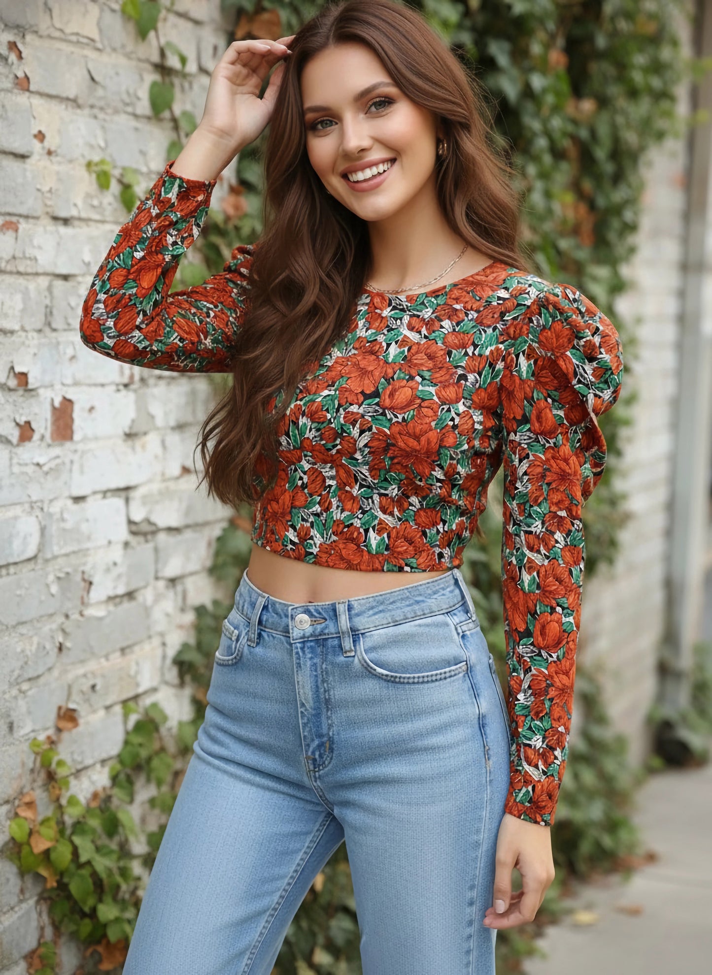 Berrylush Women Red & Sea Green Floral Printed Round-Neck Styled Back Crop Top