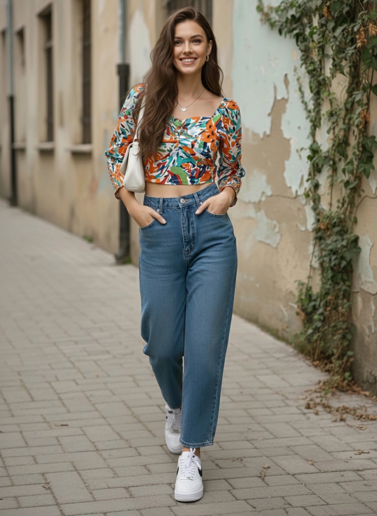 Berrylush Women White & Orange Abstract Printed Sweetheart Neck Three-Quarter Sleeve Smocked Crepe Crop Top