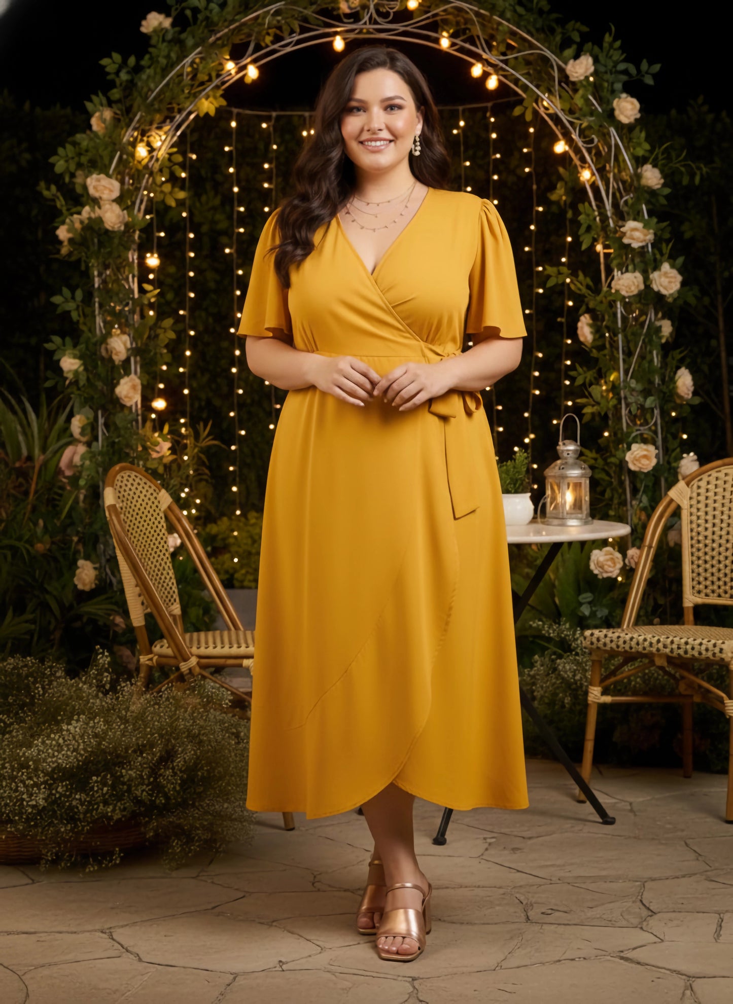 Curve Solid Yellow V-Neck Flared Sleeves Tie-Up Waist Tulip Hem Wrap Maxi Dress