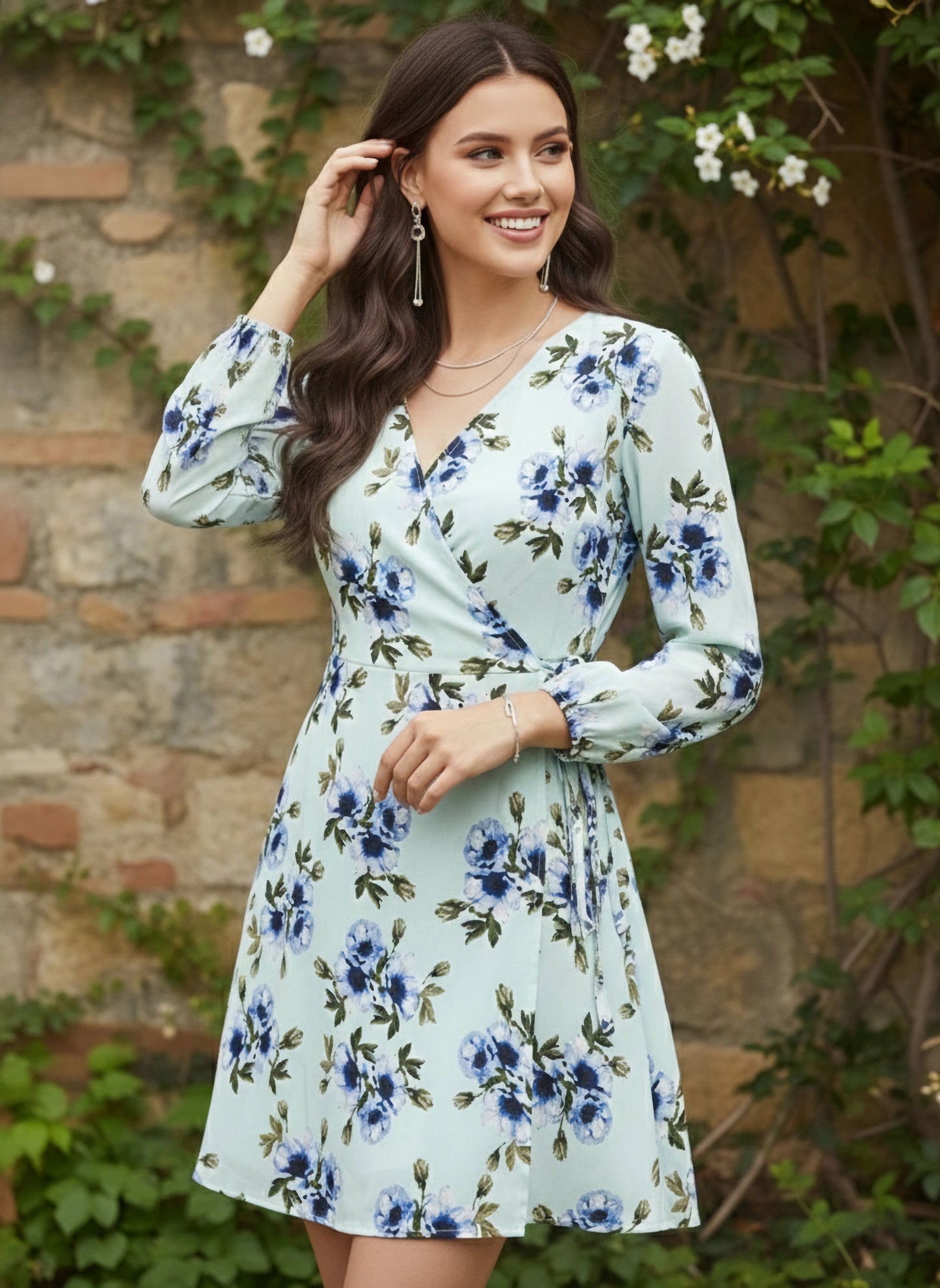 Berrylush Women Green Floral Printed A-Line Wrap Dress