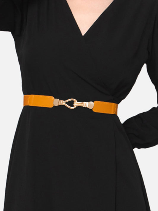 Berrylush Women Solid Brown Golden Embellished PU Nylon Interlock Regular Slim Belt