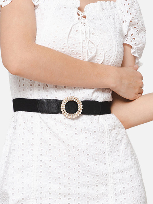 Berrylush Women Solid Black Diamond & Pearl Embellished PU Nylon Push-Pin Regular Belt