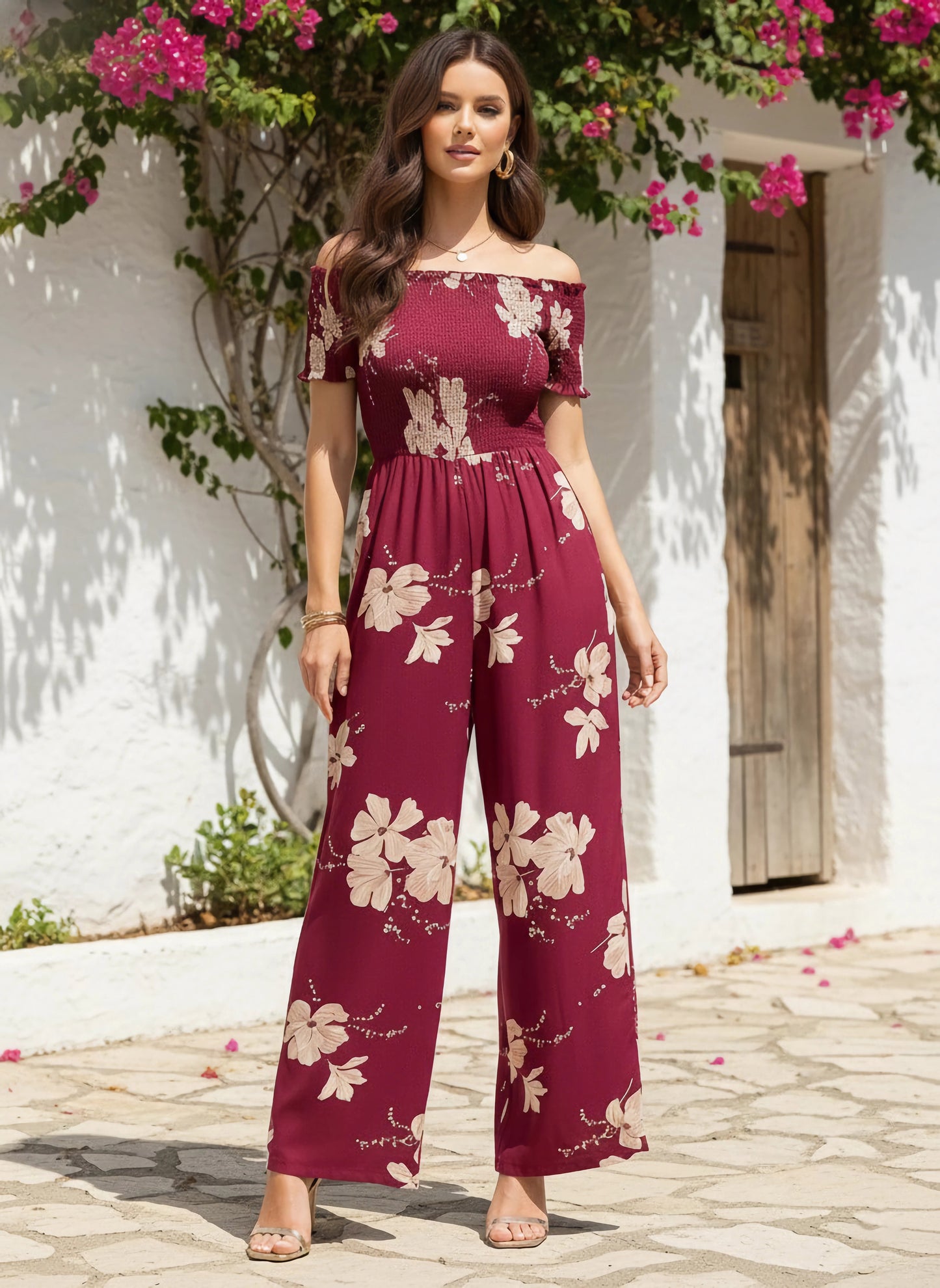 Berrylush Women Maroon & White Floral Printed Off-Shoulder Neck Short Sleeves Wide-Leg Straight Hem Smocked Maxi Jumpsuit