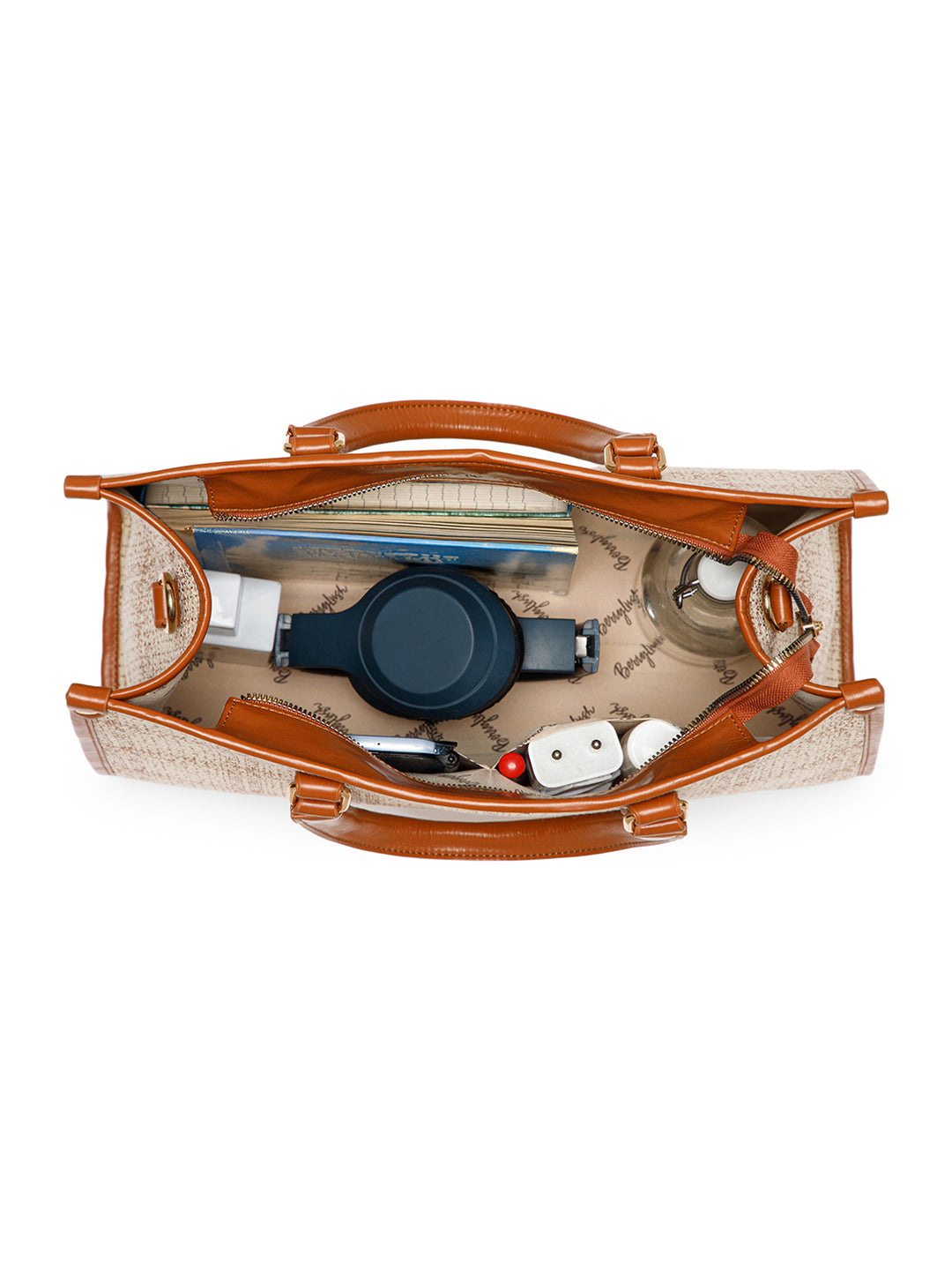 Berrylush Women Cream Checked Structured Two Handles Tote Bag