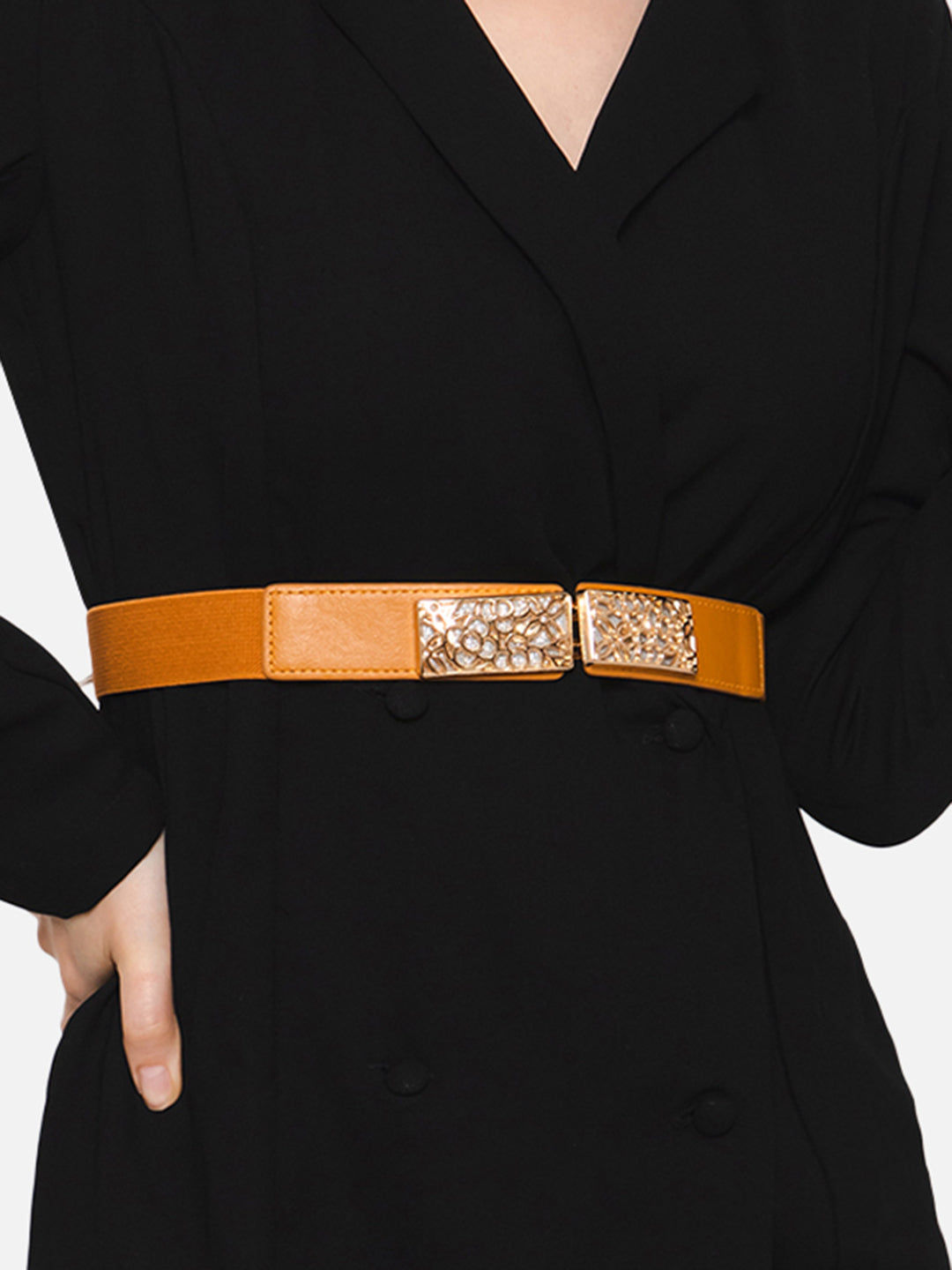 Berrylush Women Solid Brown Golden Embellished PU Nylon Interlock Regular Slim Belt