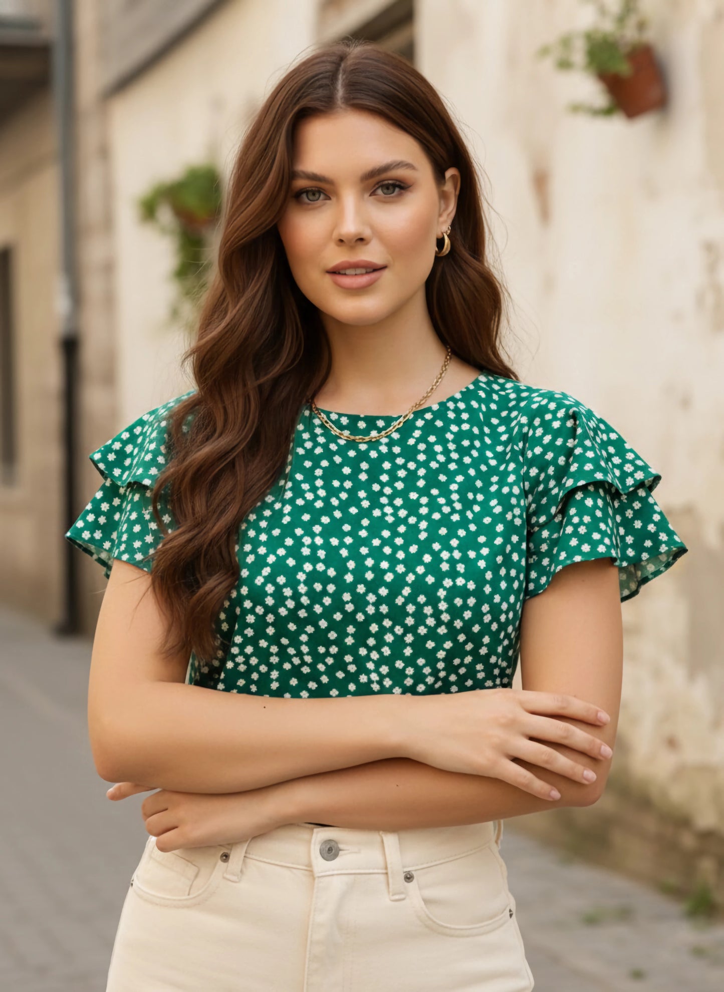 Green & White Floral Printed Round Neck Batwing Sleeves Ruffled Regular Top