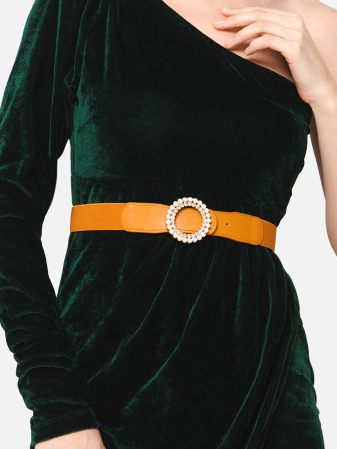 Berrylush Women Solid Brown Diamond & Pearl Embellished PU Nylon Push-Pin Regular Slim Belt