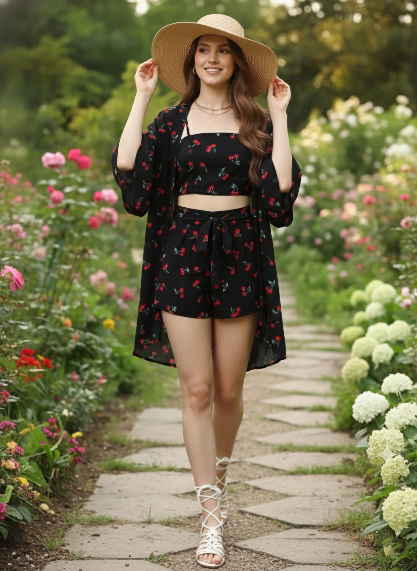 Berrylush Women Black & Red Cherry Printed Square Neck Crop Top & Tie-Up Front Shorts With Shrug
