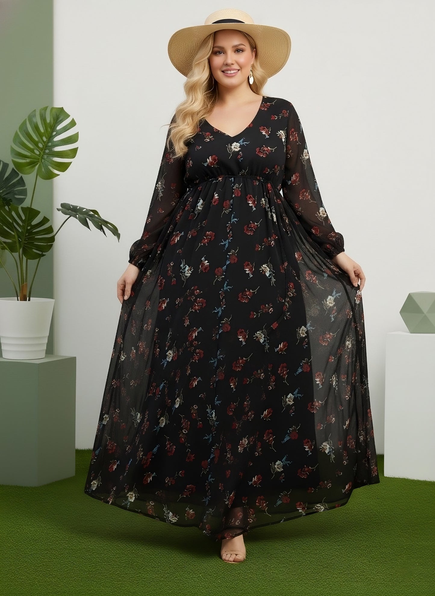 Berrylush Curve Women Black & Red Floral Printed V-Neck Bishop Sleeves Waist Tie-Up Pleated Maxi Dress