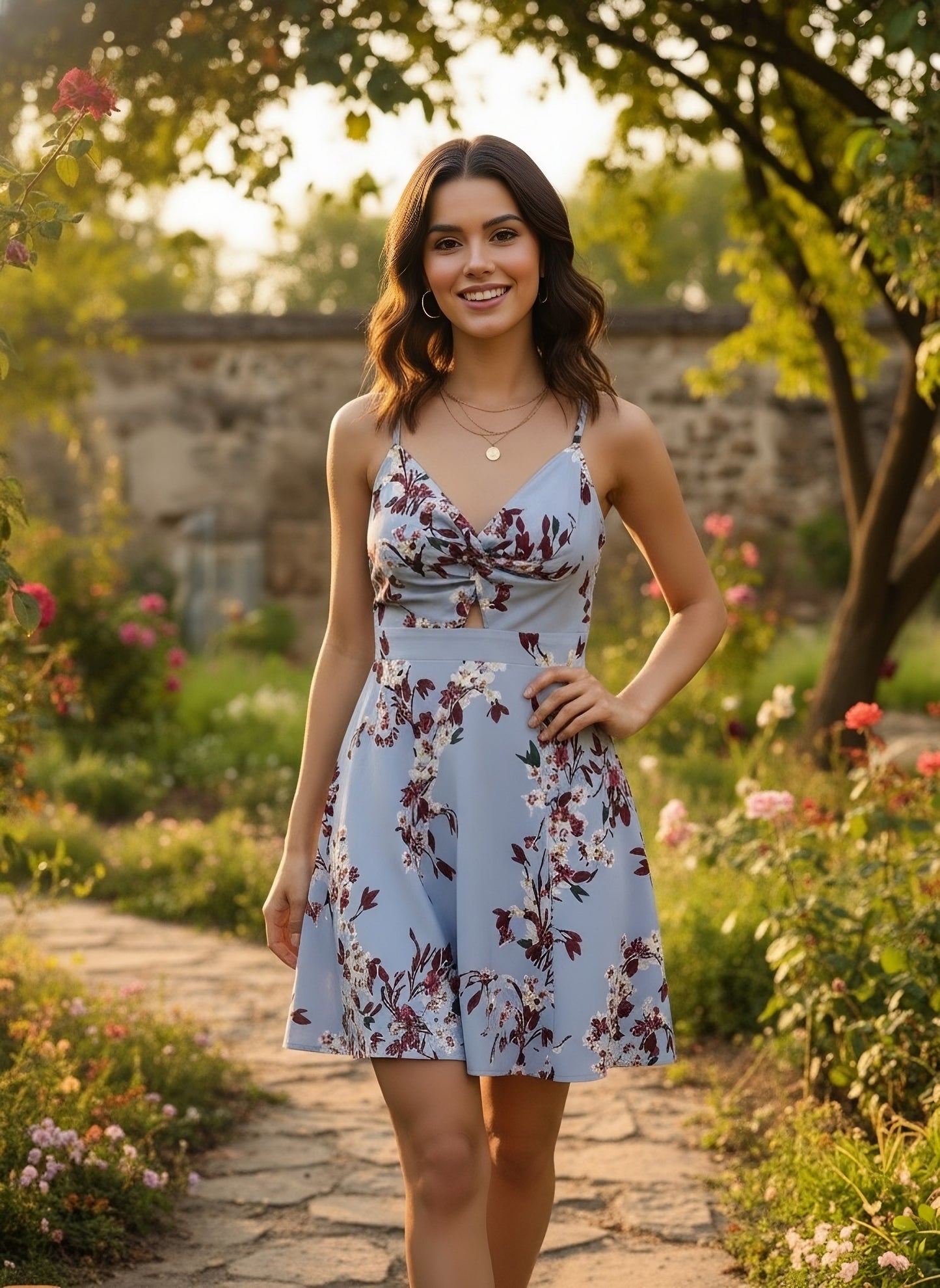 Berrylush Women Blue Floral Printed Twist Knot Fit & Flare Mini Dress