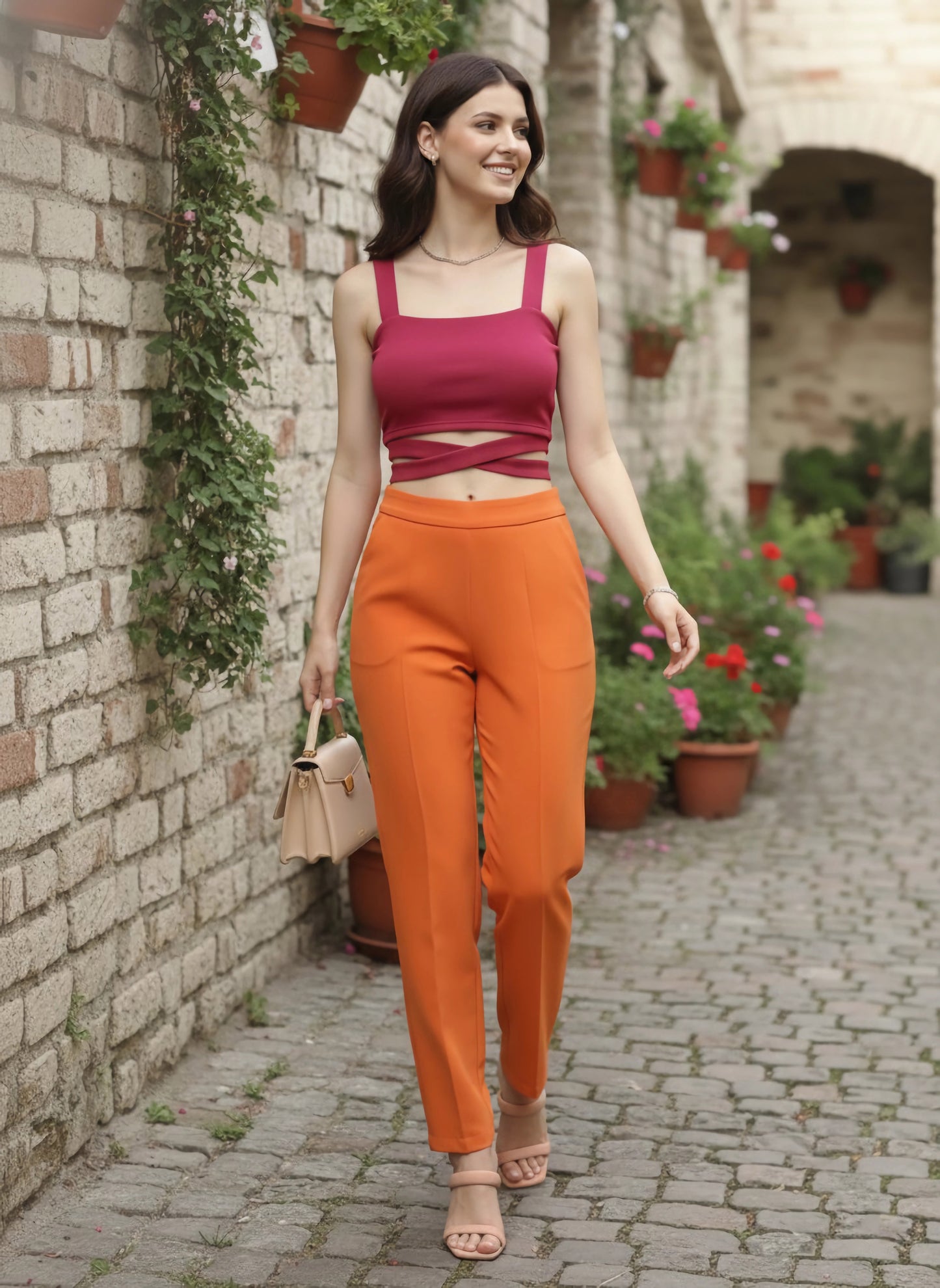 Berrylush Women Solid Pink Square Neck Sleeveless Crisscross Tie-Up Backless Crepe Fitted Crop Top