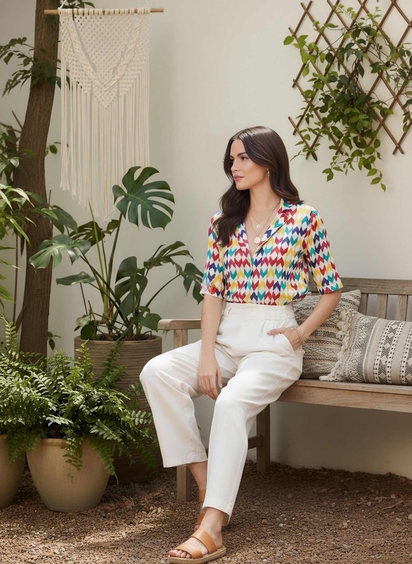 Berrylush BIZwear Women White & Multicolour Geometric Printed Collar Neck Front Button Regular Top