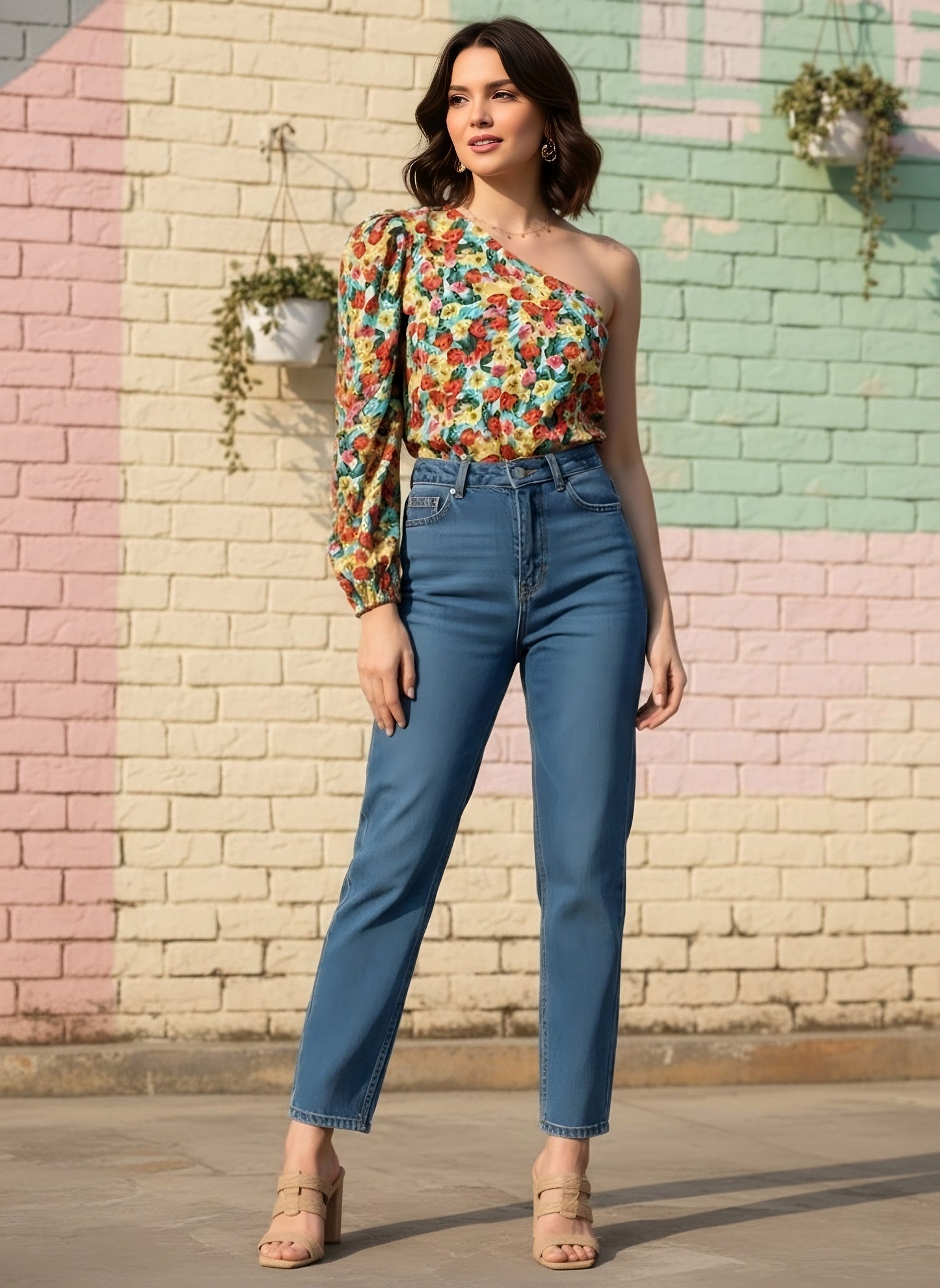 Berrylush Women Red, Green, & Yellow Floral Printed One-Shoulder Neck Crepe Woven Regular Top