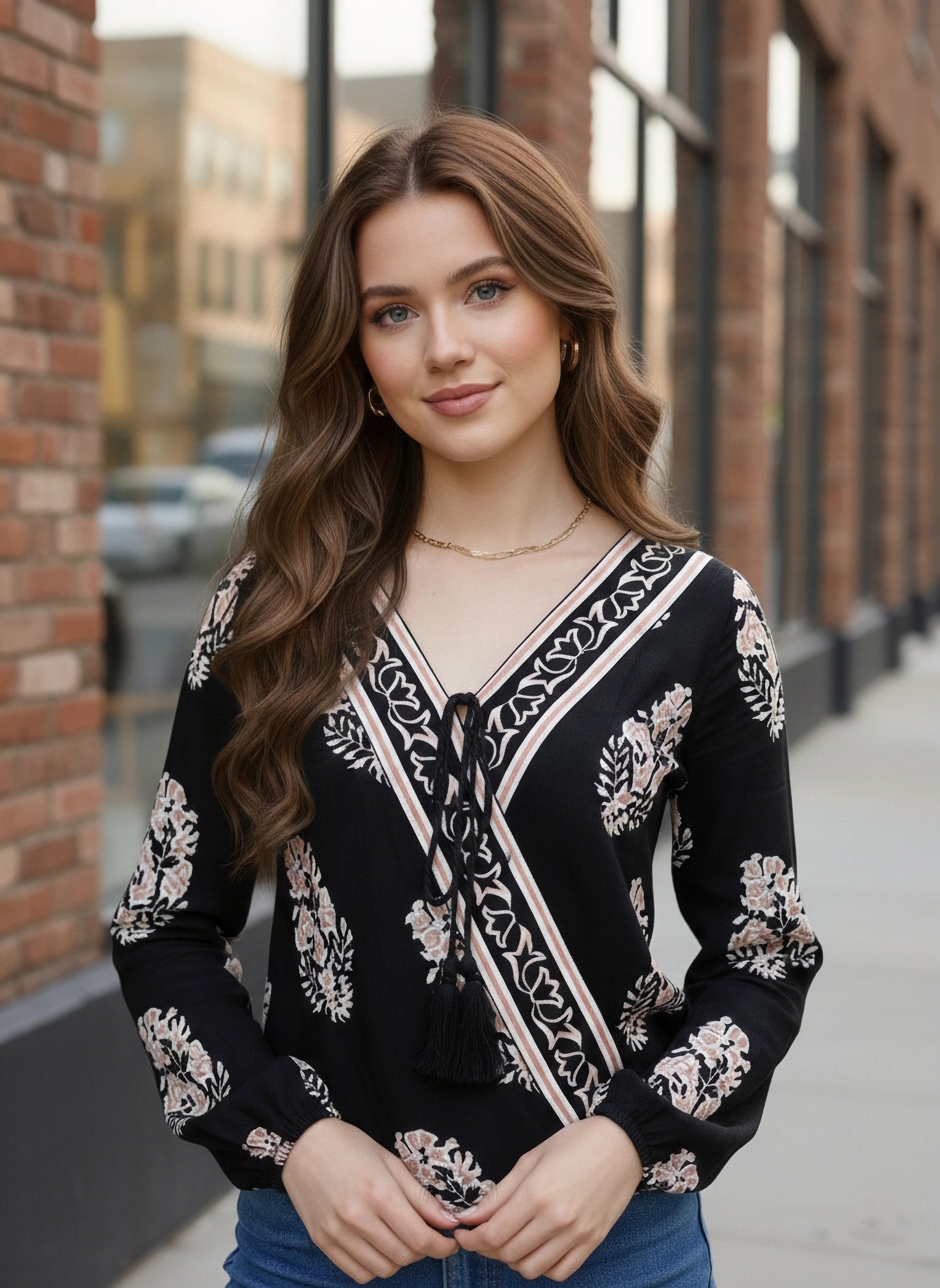 Berrylush Women Black & Pink Floral Printed V-Neck Front Tie-Up Cotton Wrap Top