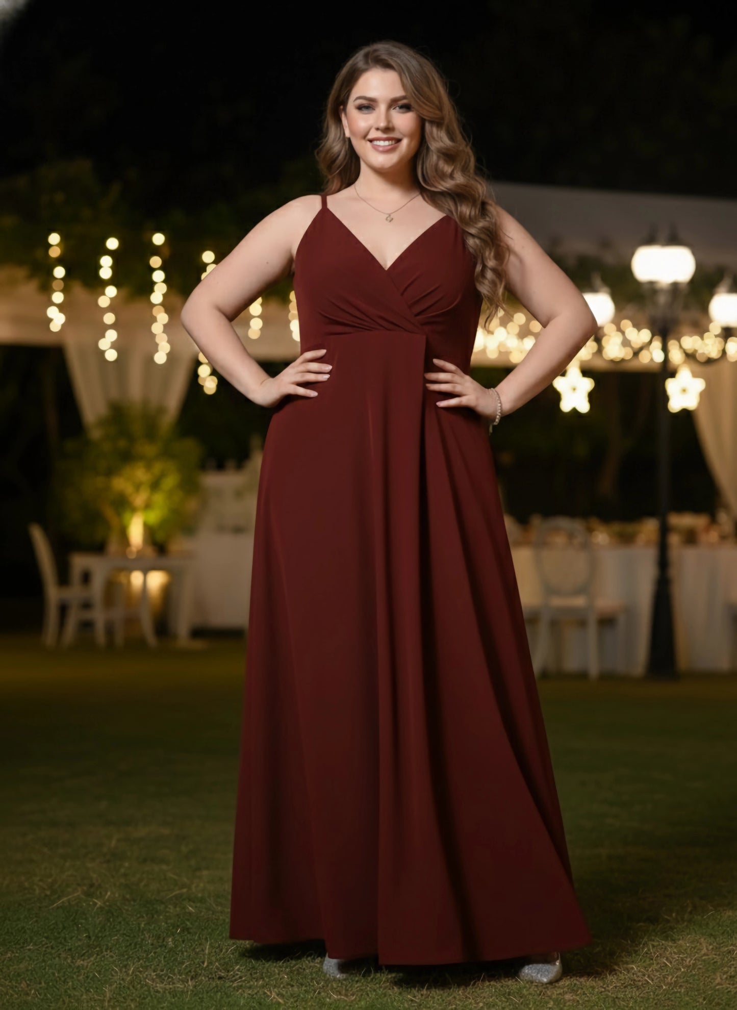 Berrylush Women Plus Size Solid Maroon V-Neck Sleeveless Thigh-High Slit Flared Maxi Dress