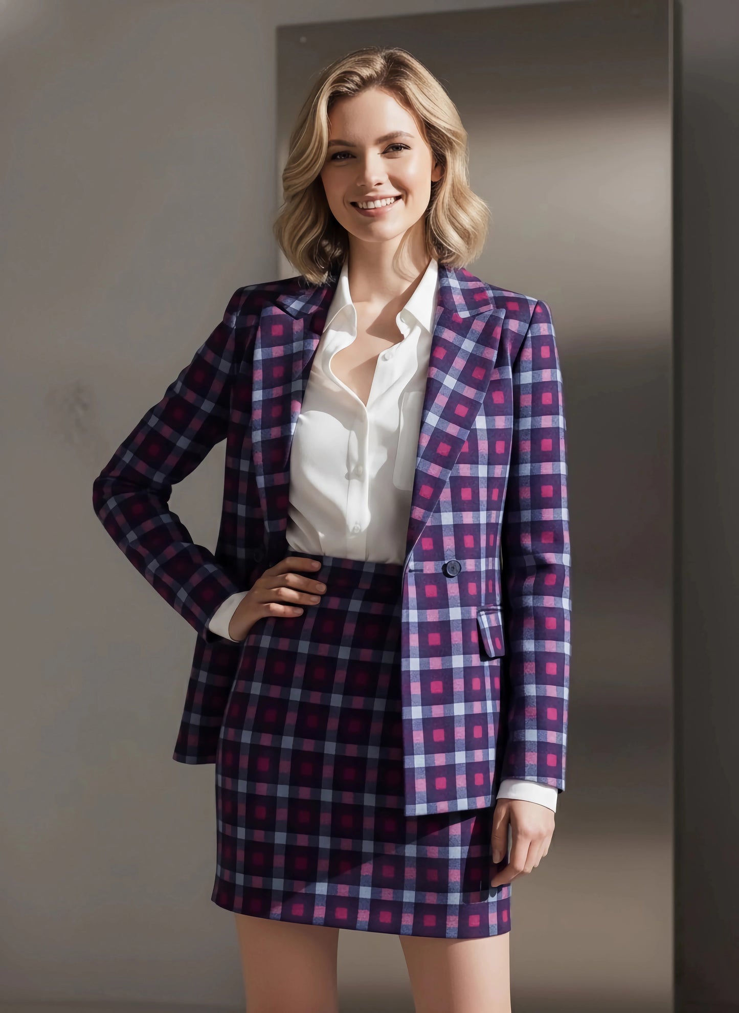 Berrylush BIZwear Women Multicolour Notched Collar Neck Double Breasted Regular Blazer & Slip-On Mini Skirt Co-Ord Set