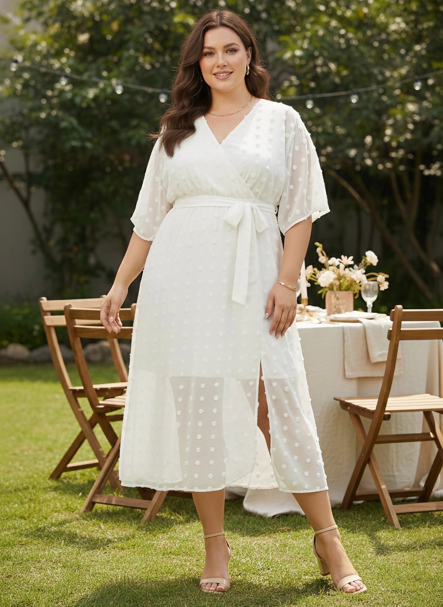 Plus Size Swiss Dot White V-Neck Batwing Sleeve Tie-Up Waist Georgette Fit & Flare Wrap Maxi Dress