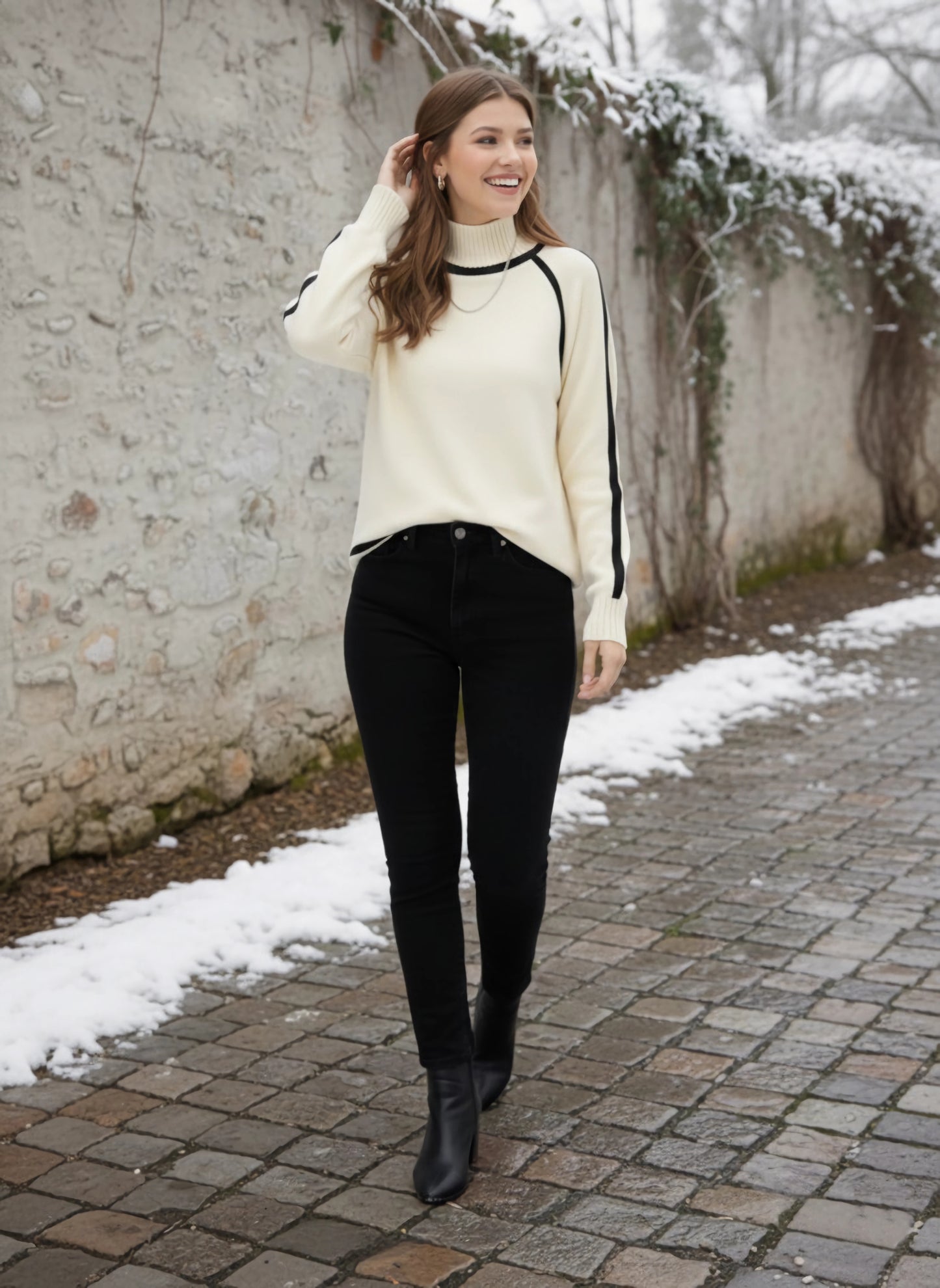 Berrylush Women Solid Off-White & Black Turtle-Neck Drop-Shoulder Sleeves Acrylic Ribbed Hem Knitted Regular Pullover