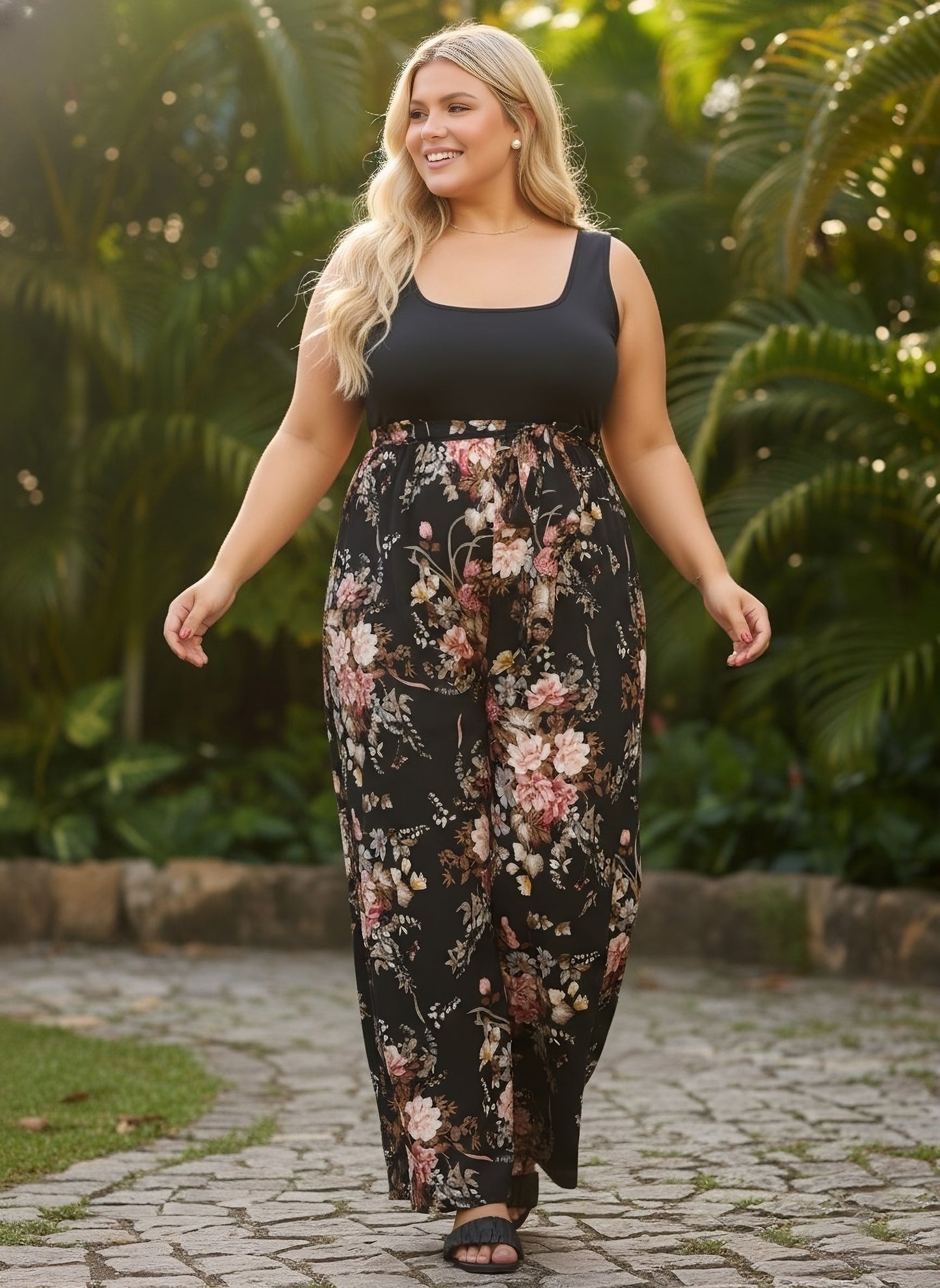 Berrylush Curve Women Black Floral Printed Square Neck Sleeveless Scoop Back Waist Tie-Up Wide-Leg Pleated Maxi Jumpsuit