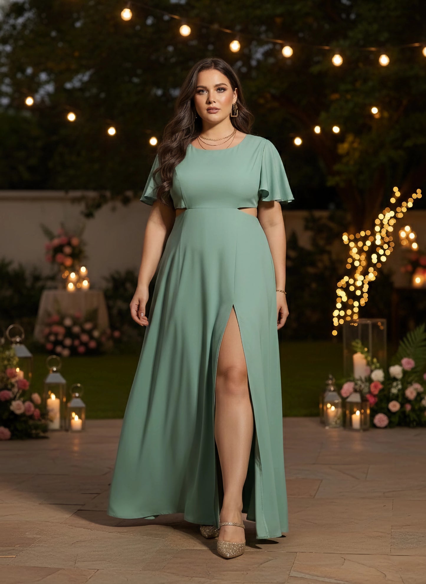 Berrylush Curve Women Solid Green Round Neck Short Sleeves Waist Cutout Thigh-High Slit Flared Maxi Dress