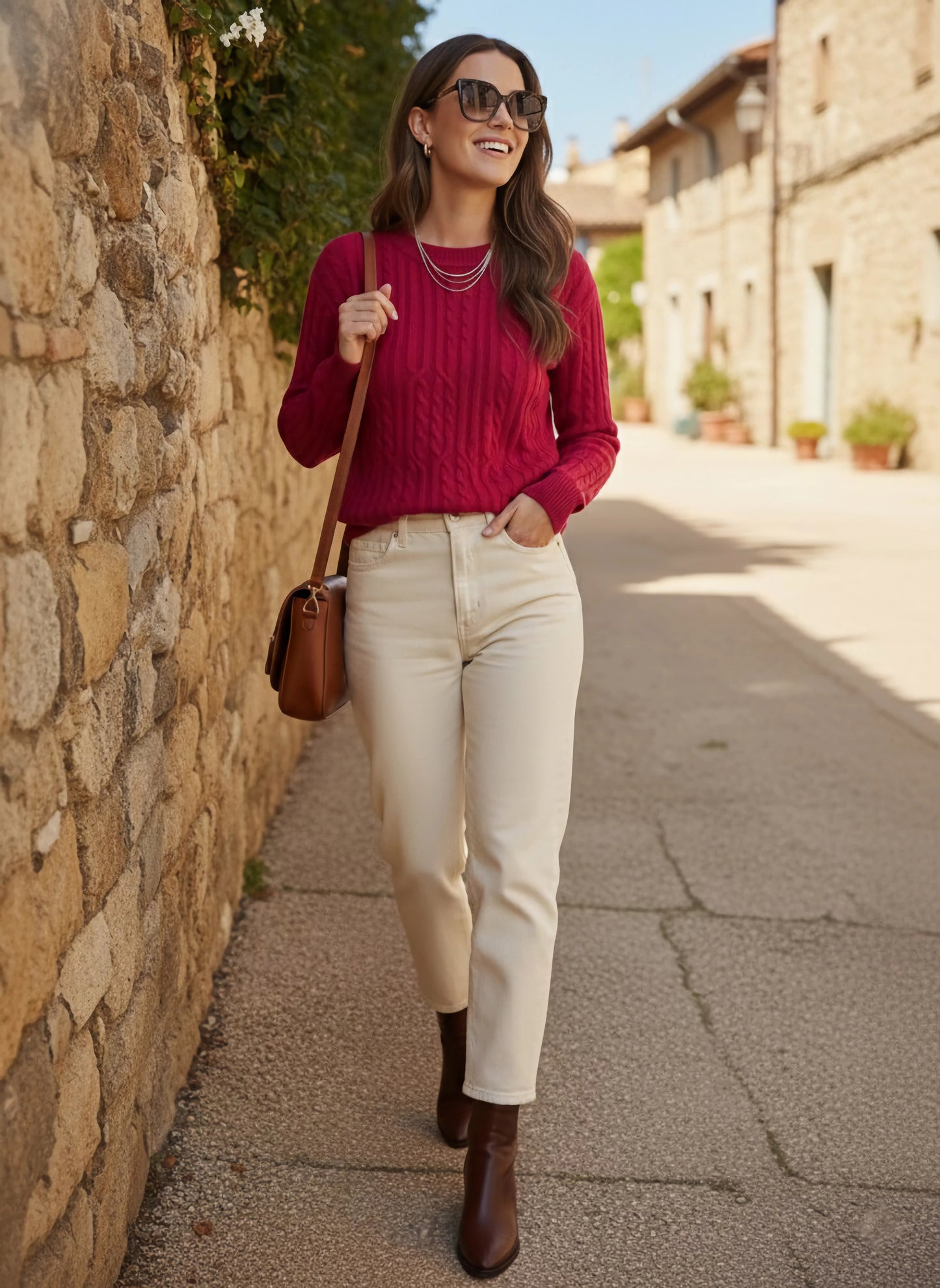 Berrylush Women Solid Red Round Neck Drop-Shoulder Sleeves Acrylic Ribbed Hem Cable Knitted Regular Sweater