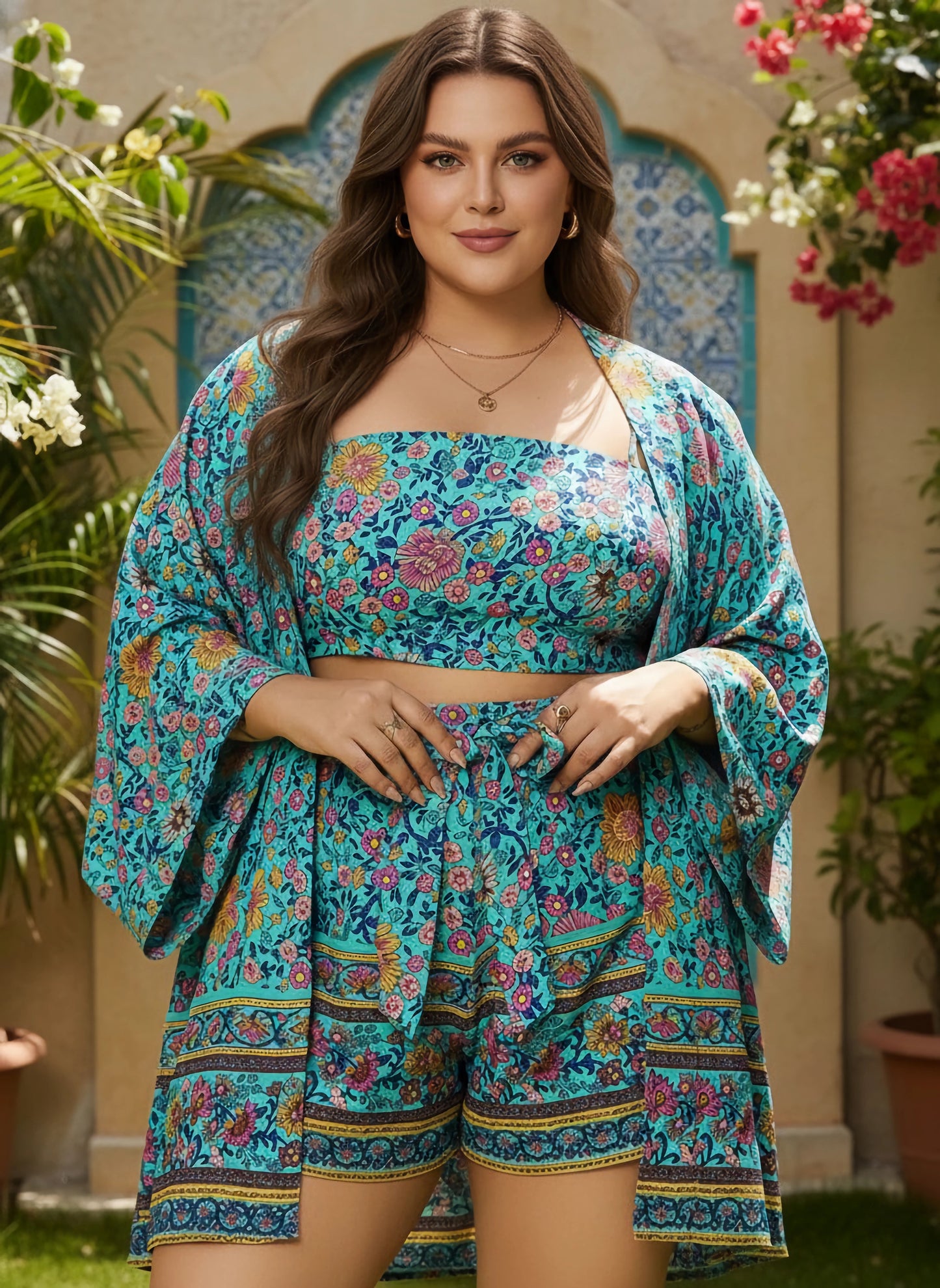 Curve Blue & Pink Floral Printed Square Neck Crop Top & Tie-Up Front Shorts Co-Ord Set With Shrug
